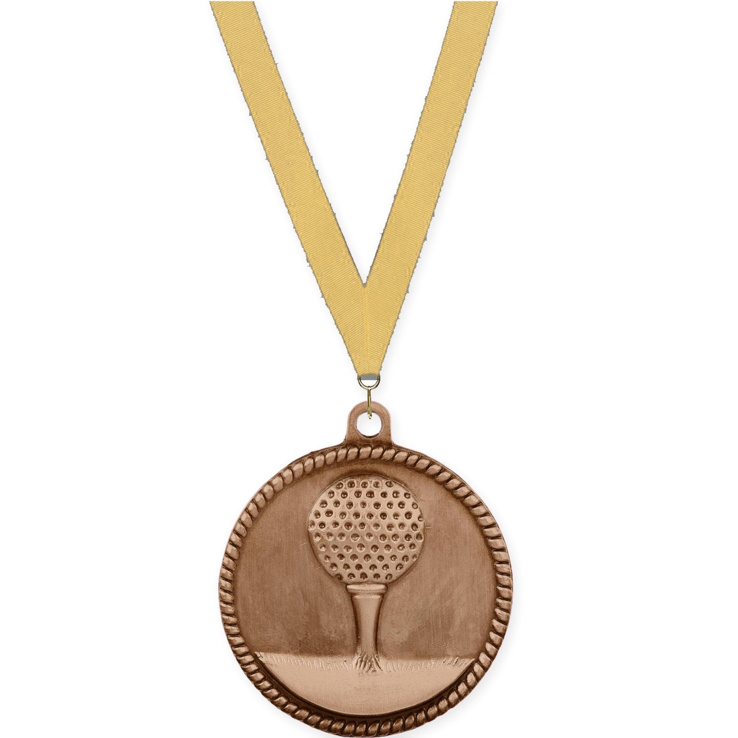 2 inch golf High Relief medal in antique bronze with Gold Metallic neck ribbon
