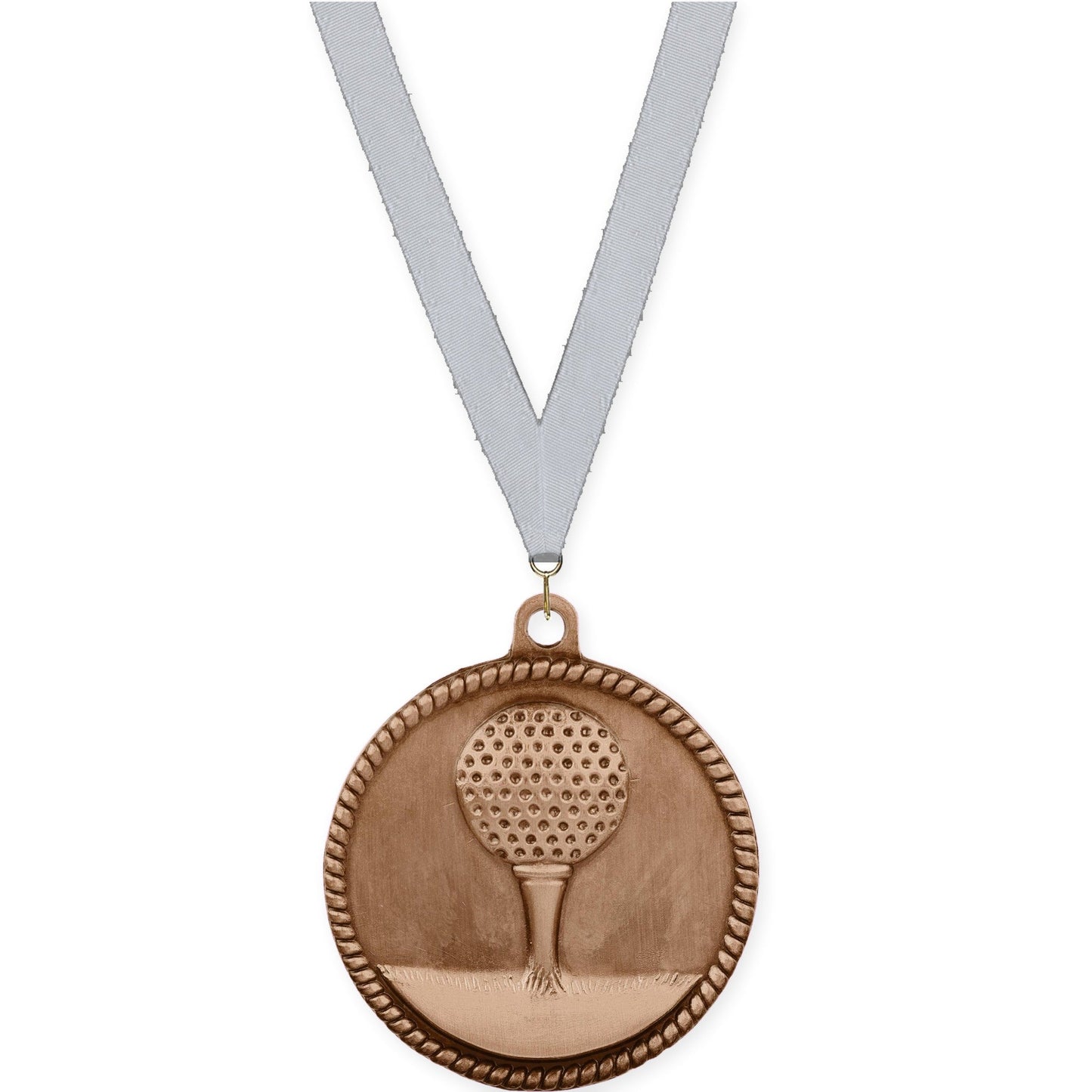 2 inch golf High Relief medal in antique bronze with Silver Metallic neck ribbon