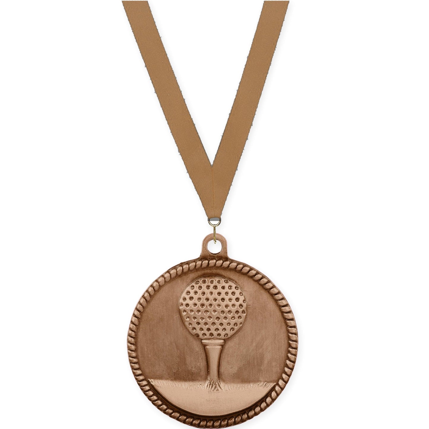 2 inch golf High Relief medal in antique bronze with Bronze Metallic neck ribbon