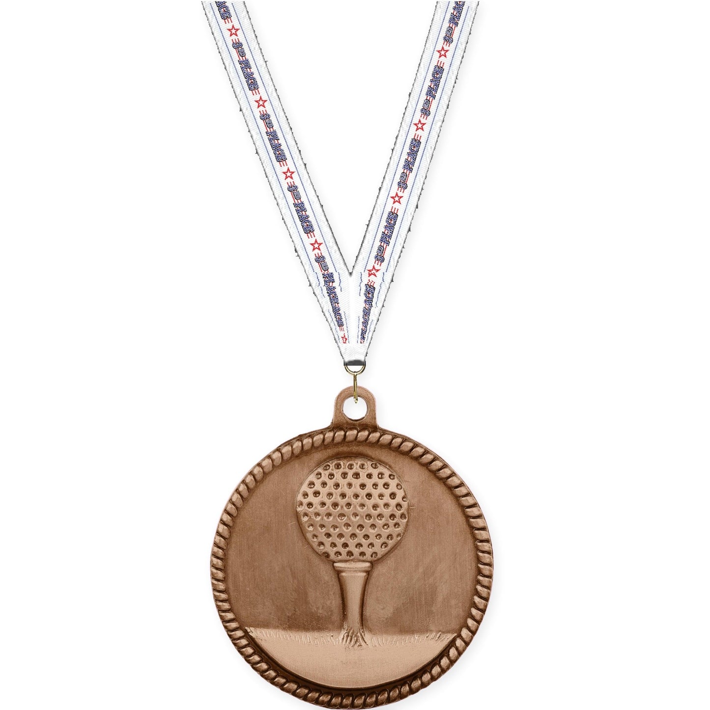 2 inch golf High Relief medal in antique bronze with 3rd Place neck ribbon
