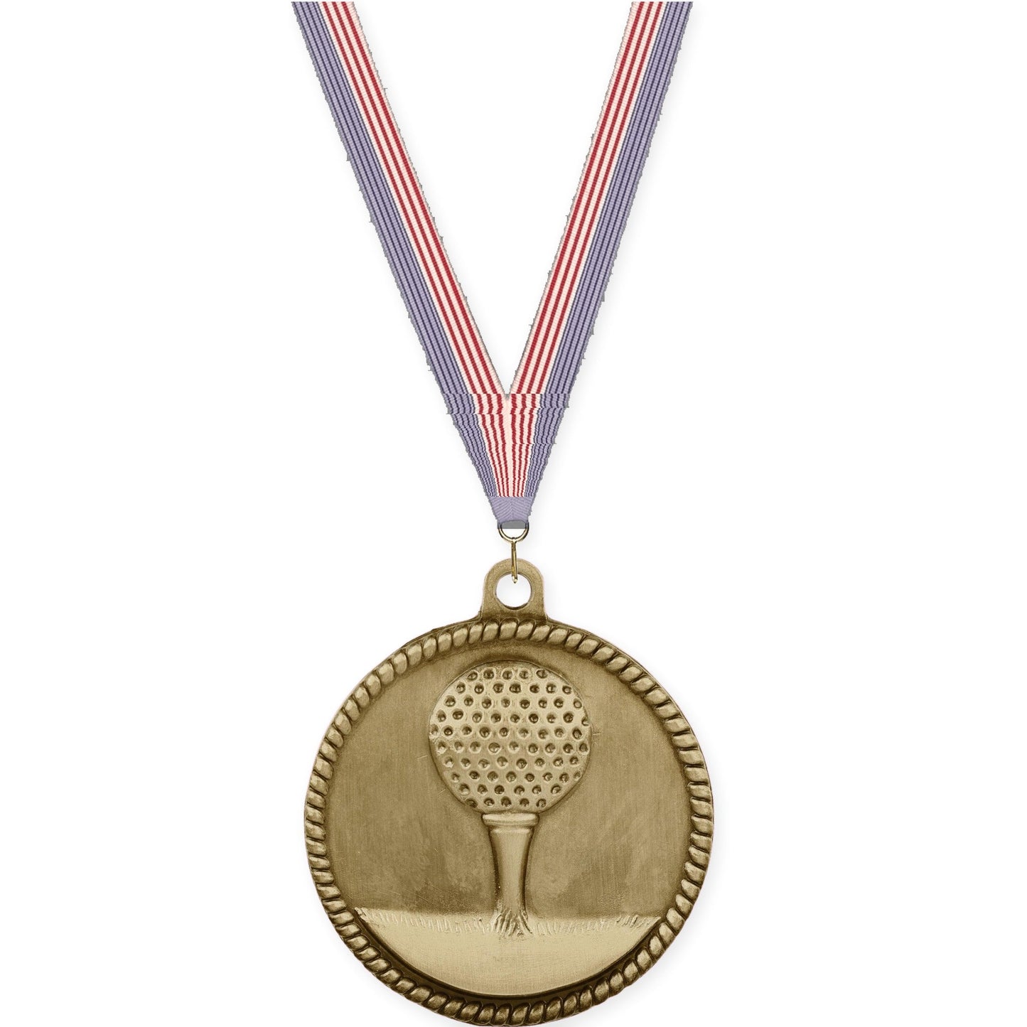 2 inch golf High Relief medal in antique gold with USA Flag neck ribbon
