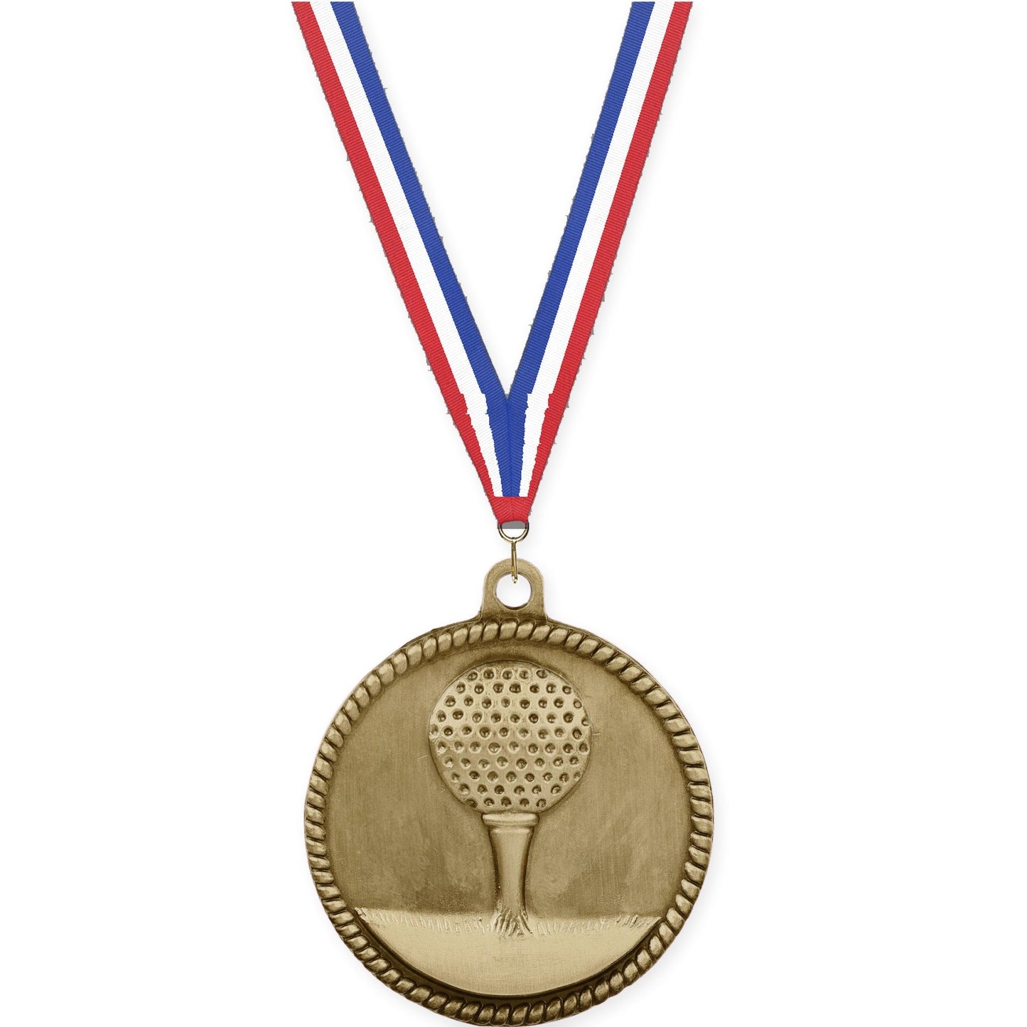 2 inch golf High Relief medal in antique gold with Red White Blue neck ribbon
