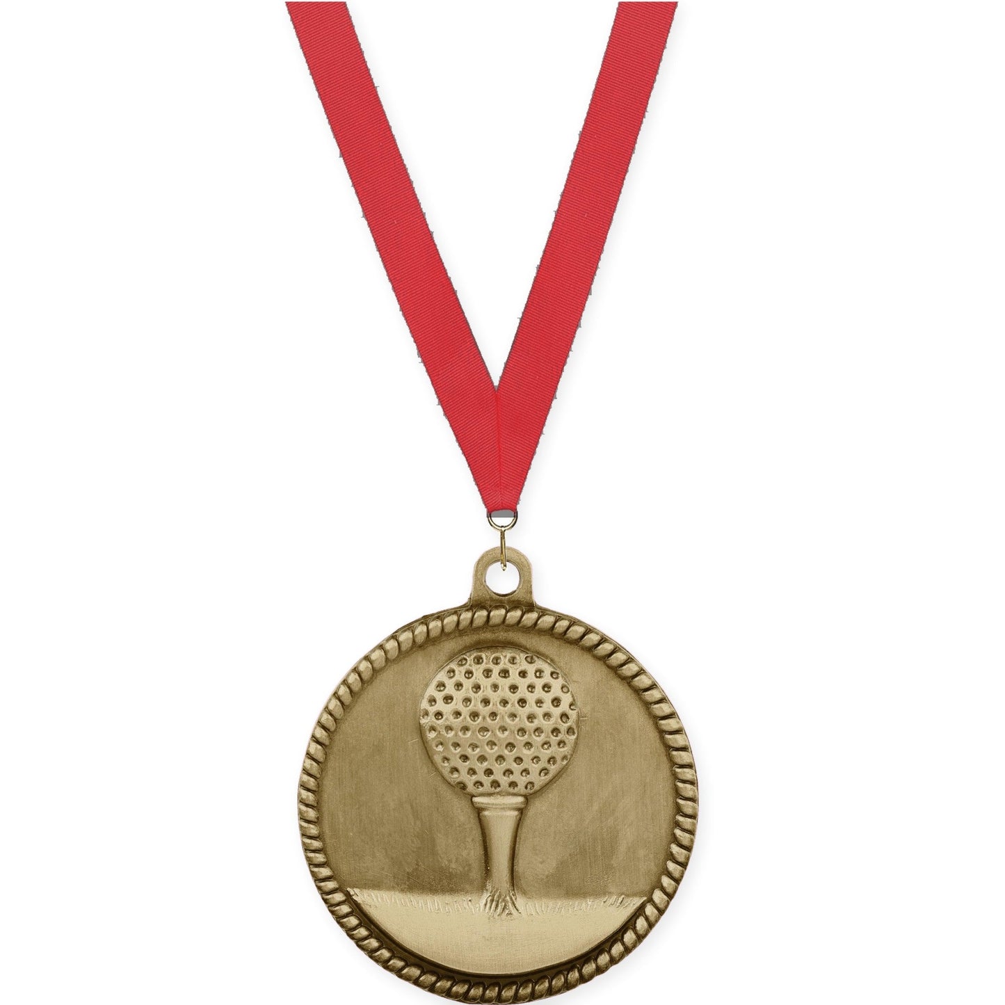 2 inch golf High Relief medal in antique gold with Red neck ribbon