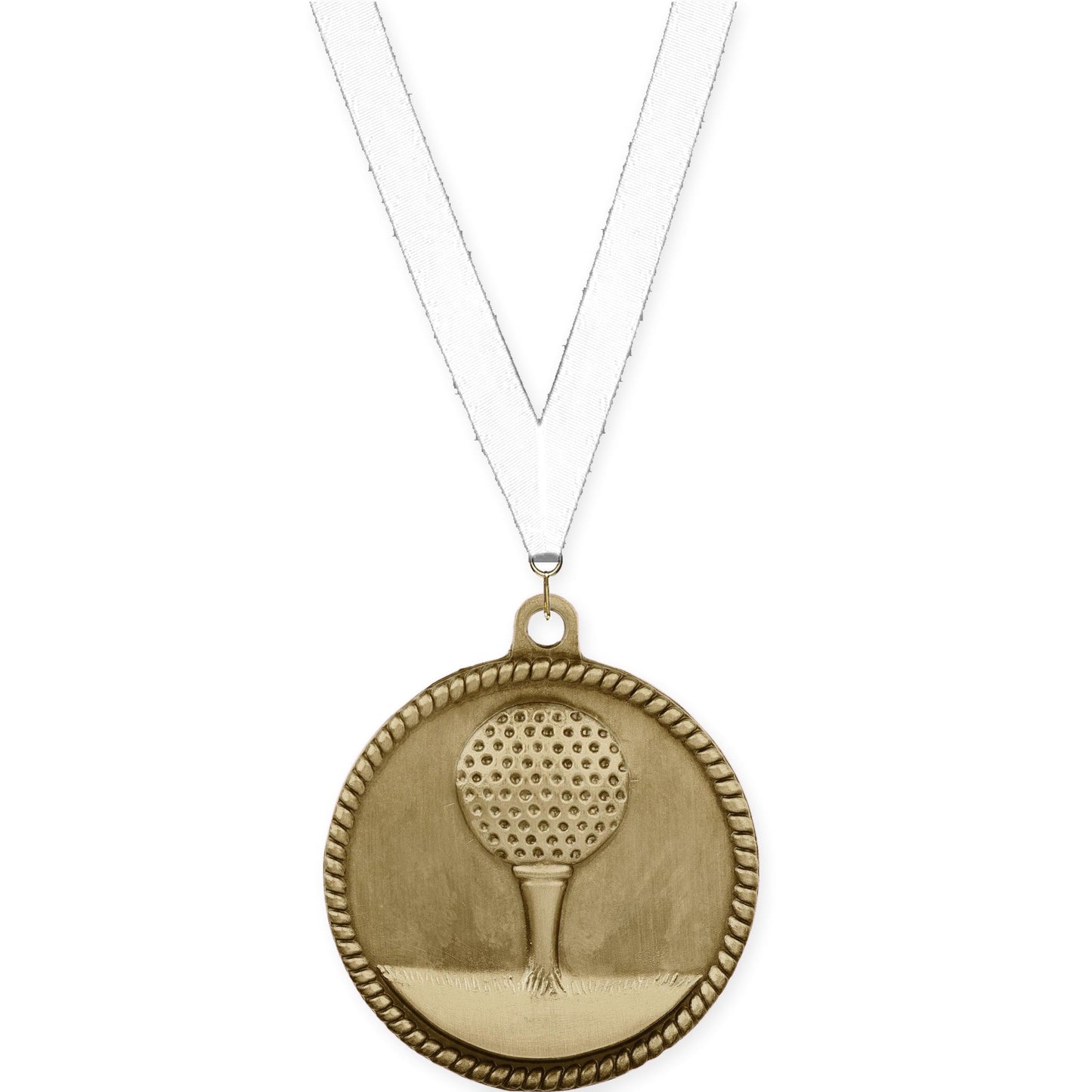 2 inch golf High Relief medal in antique gold with White neck ribbon