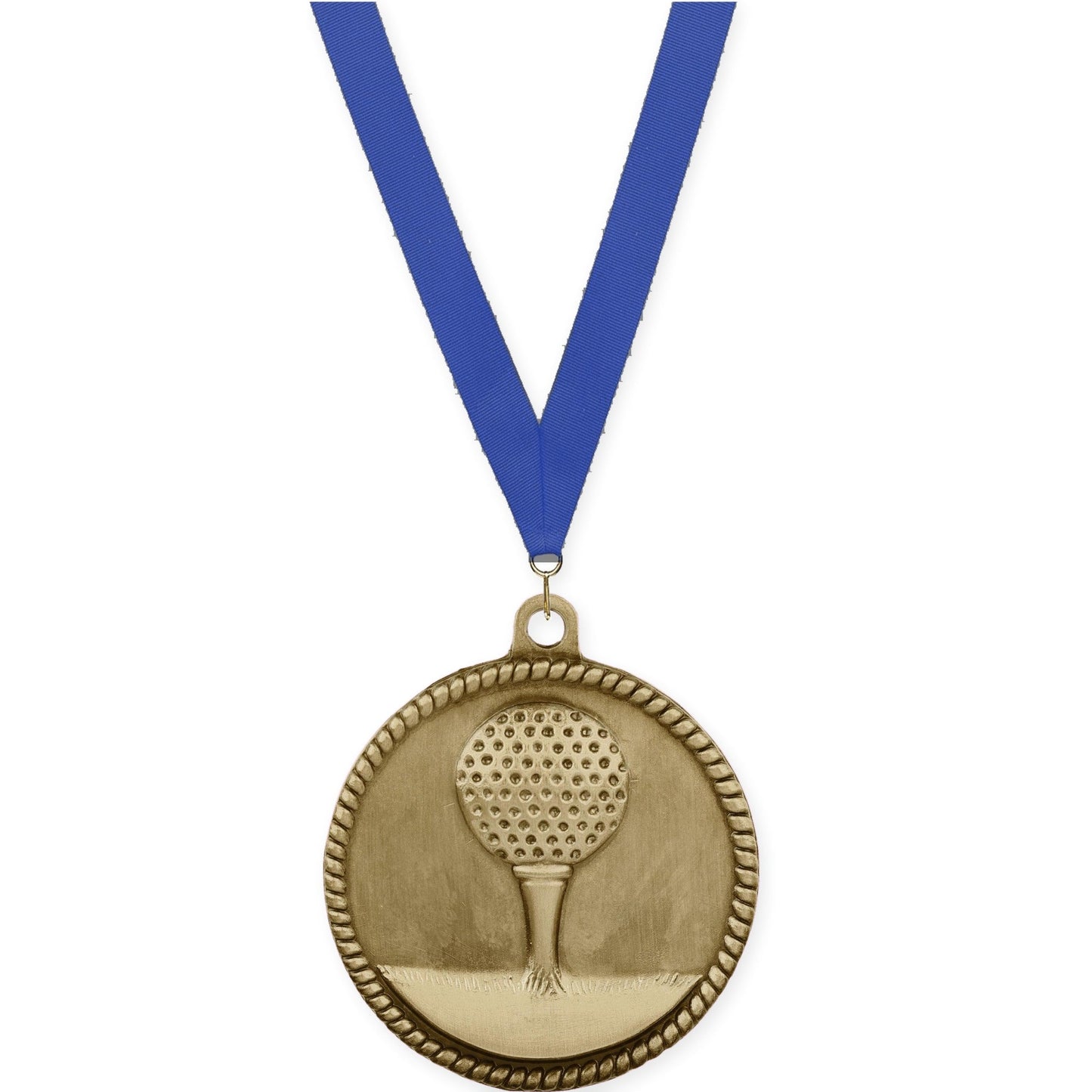 2 inch golf High Relief medal in antique gold with Blue neck ribbon