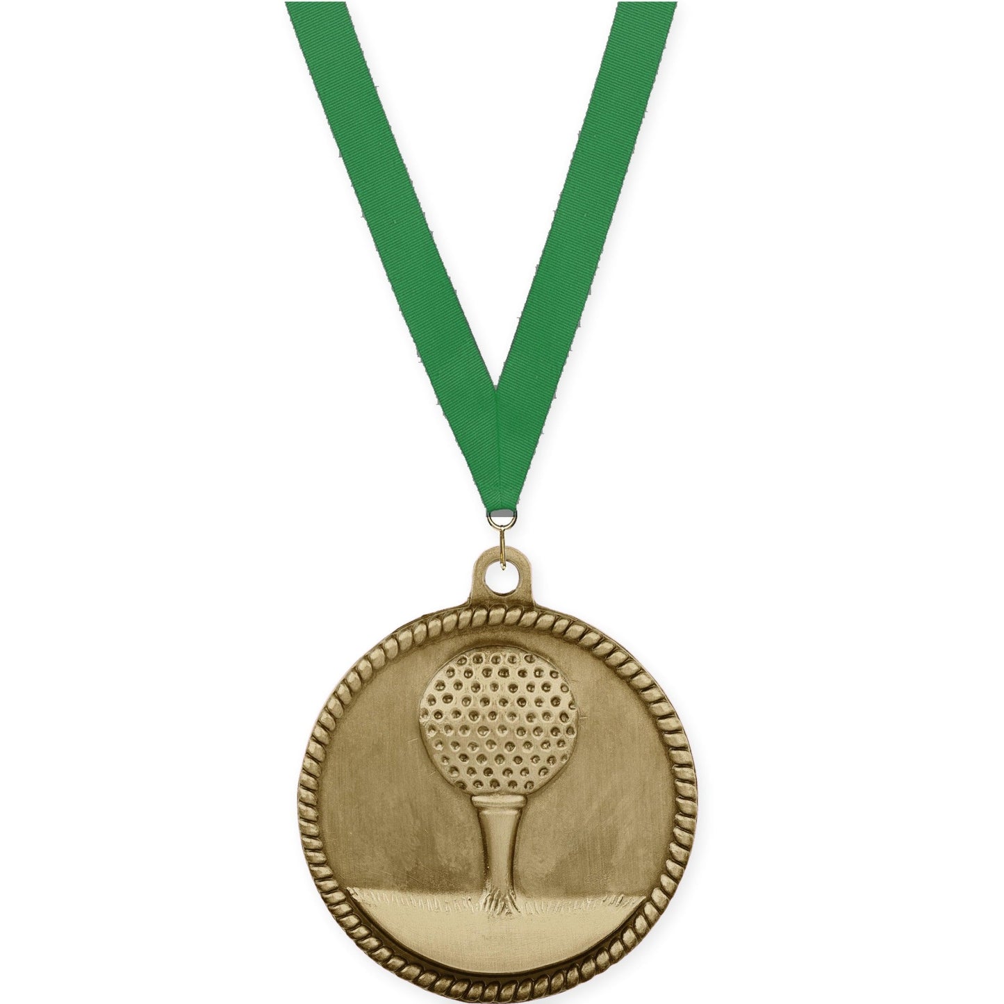 2 inch golf High Relief medal in antique gold with Green neck ribbon