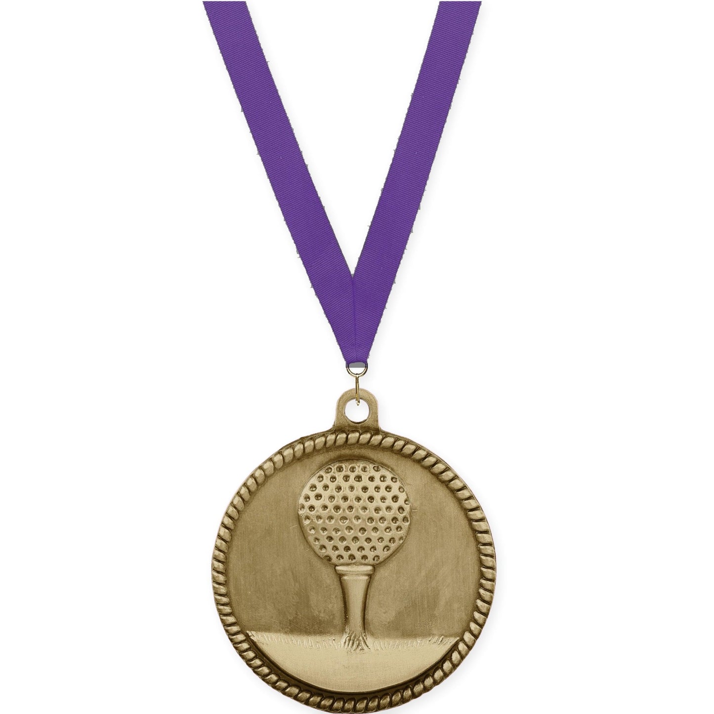 2 inch golf High Relief medal in antique gold with Purple neck ribbon