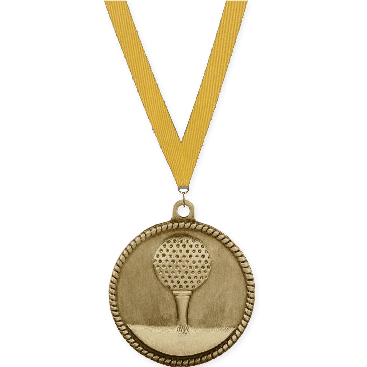 2 inch golf High Relief medal in antique gold with Gold neck ribbon
