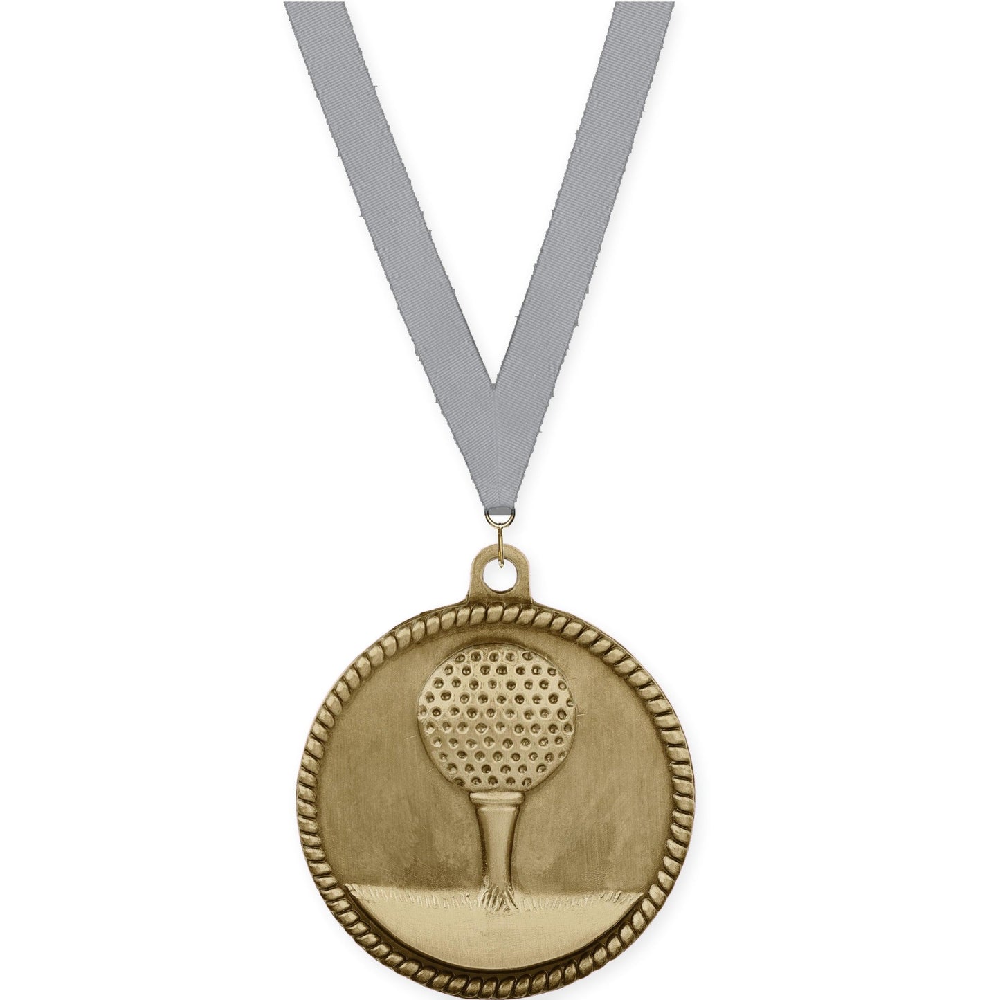 2 inch golf High Relief medal in antique gold with Gray neck ribbon
