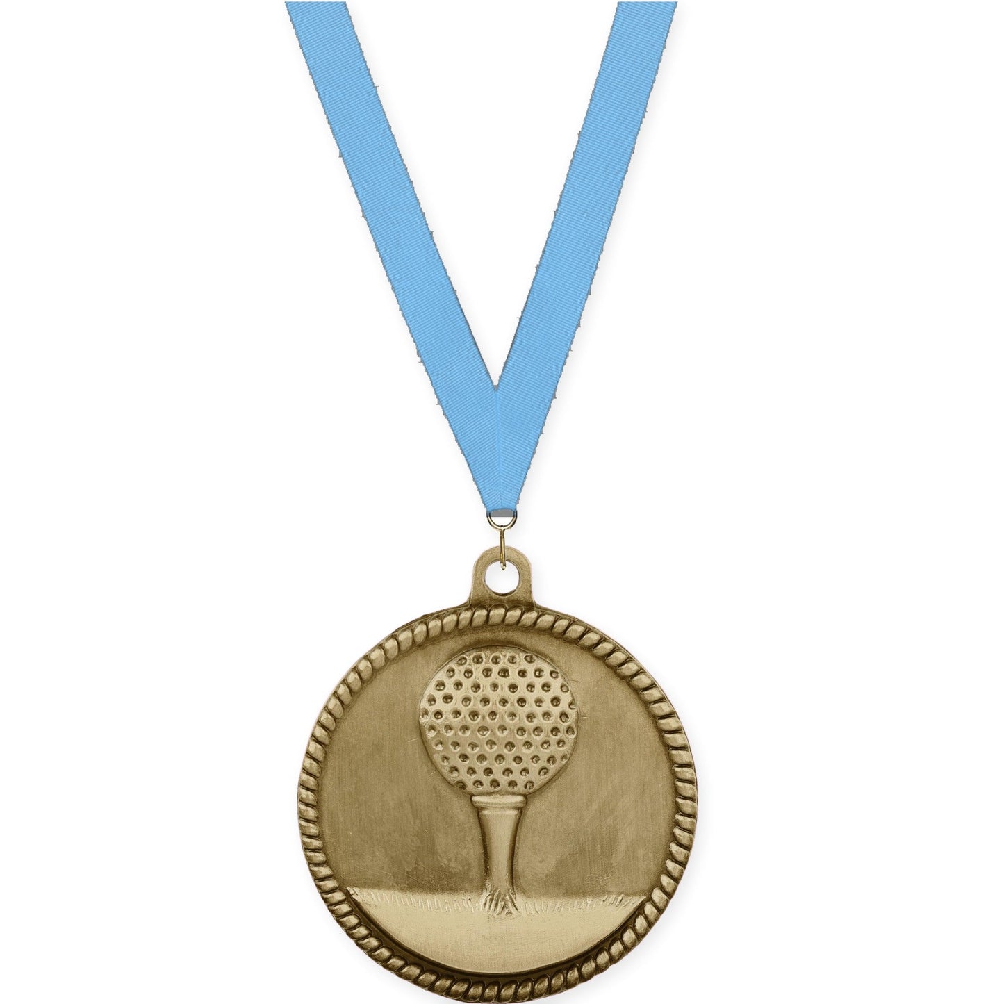 2 inch golf High Relief medal in antique gold with Light Blue neck ribbon