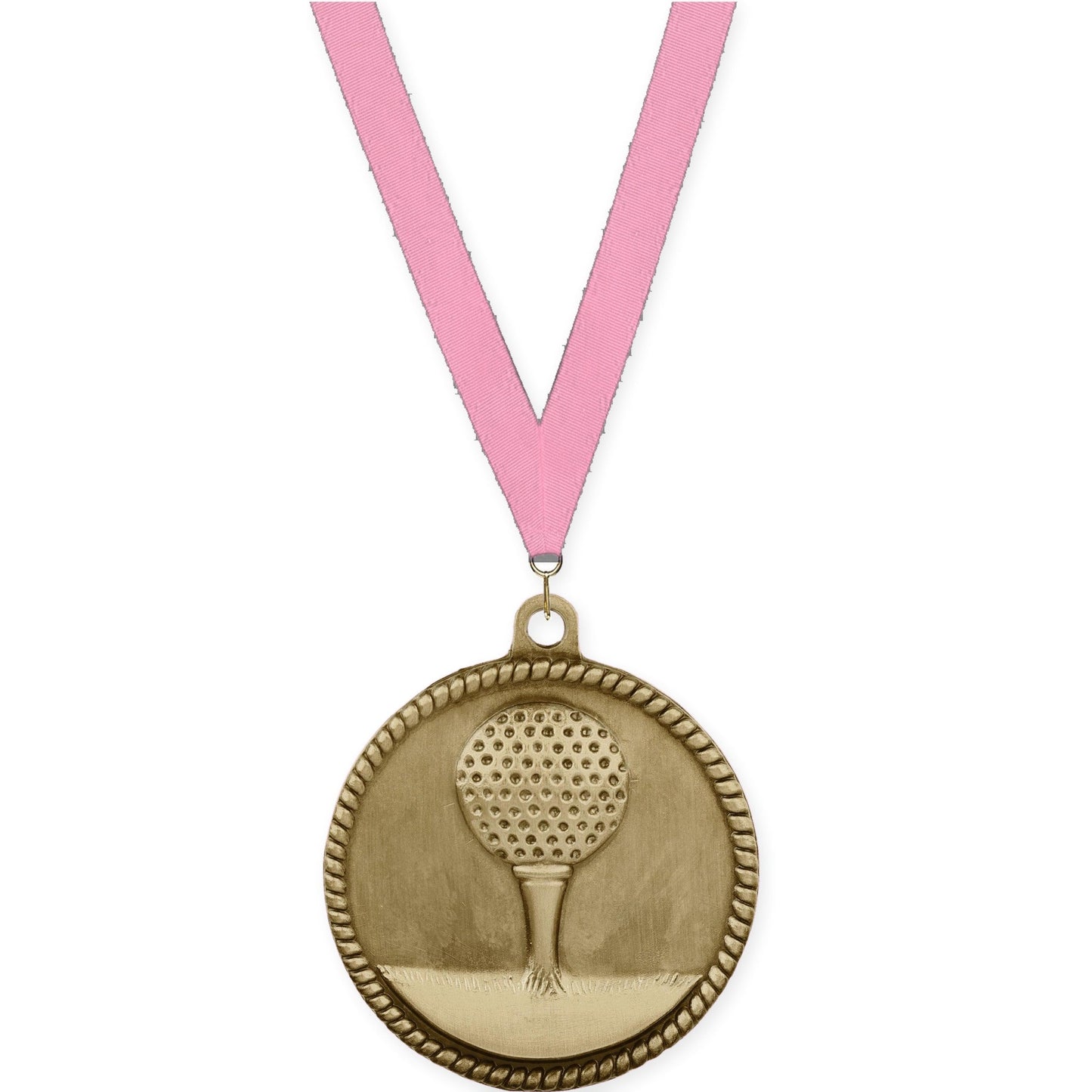 2 inch golf High Relief medal in antique gold with Pink neck ribbon