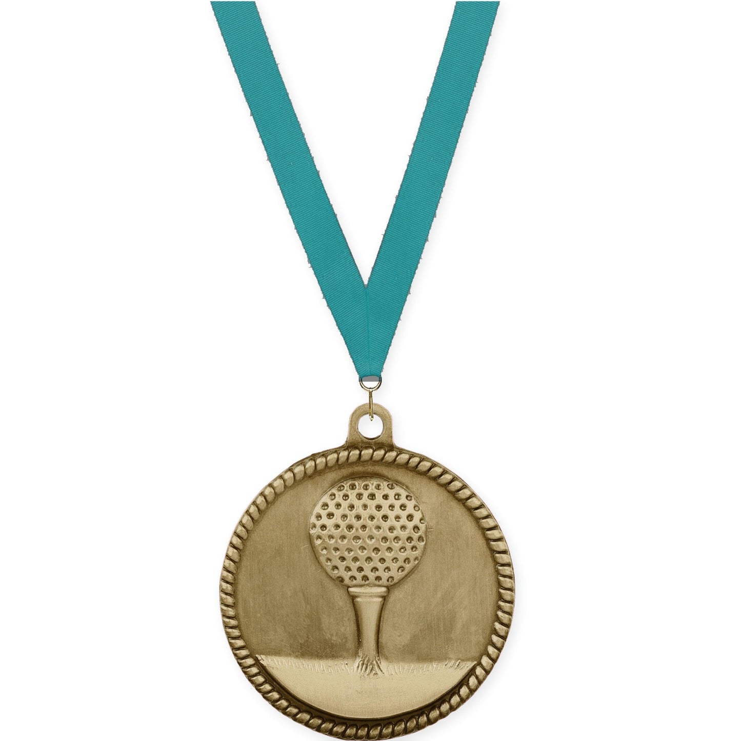 2 inch golf High Relief medal in antique gold with Teal neck ribbon