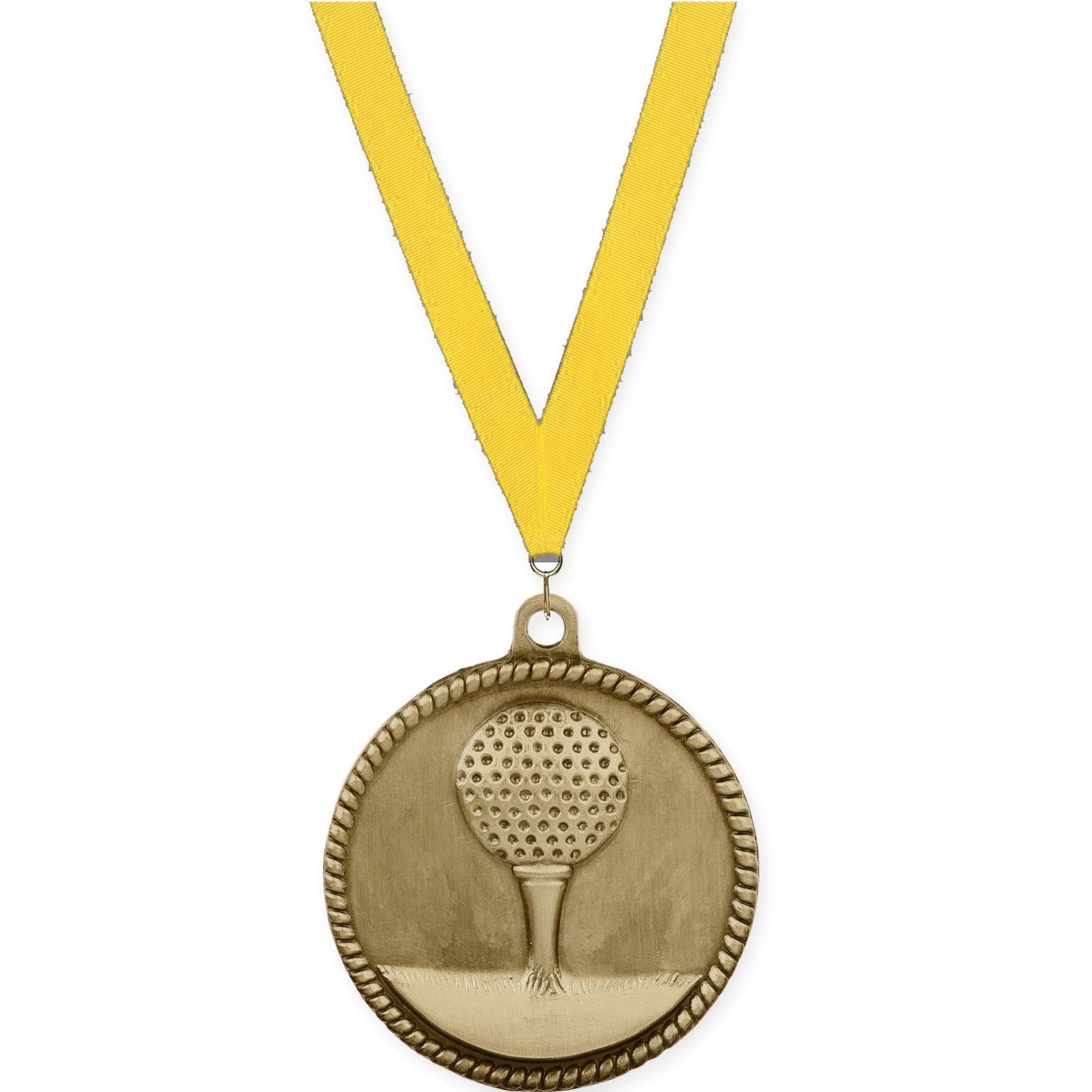 2 inch golf High Relief medal in antique gold with Yellow neck ribbon