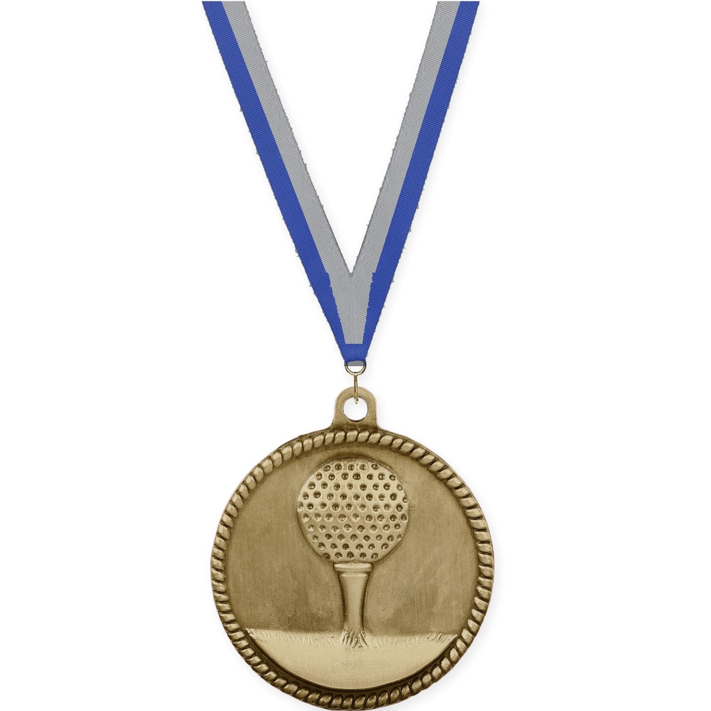 2 inch golf High Relief medal in antique gold with Blue Gray neck ribbon