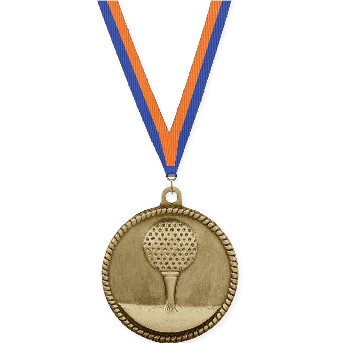 2 inch golf High Relief medal in antique gold with Blue Orange neck ribbon