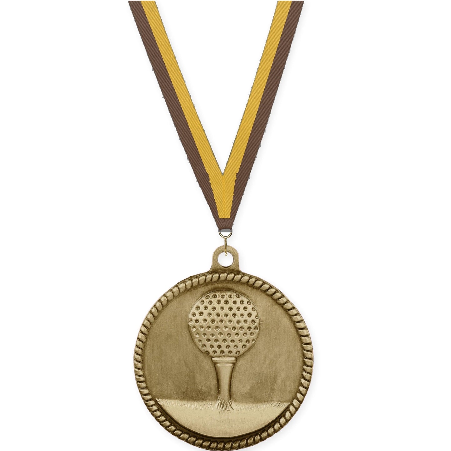 2 inch golf High Relief medal in antique gold with Brown Gold neck ribbon