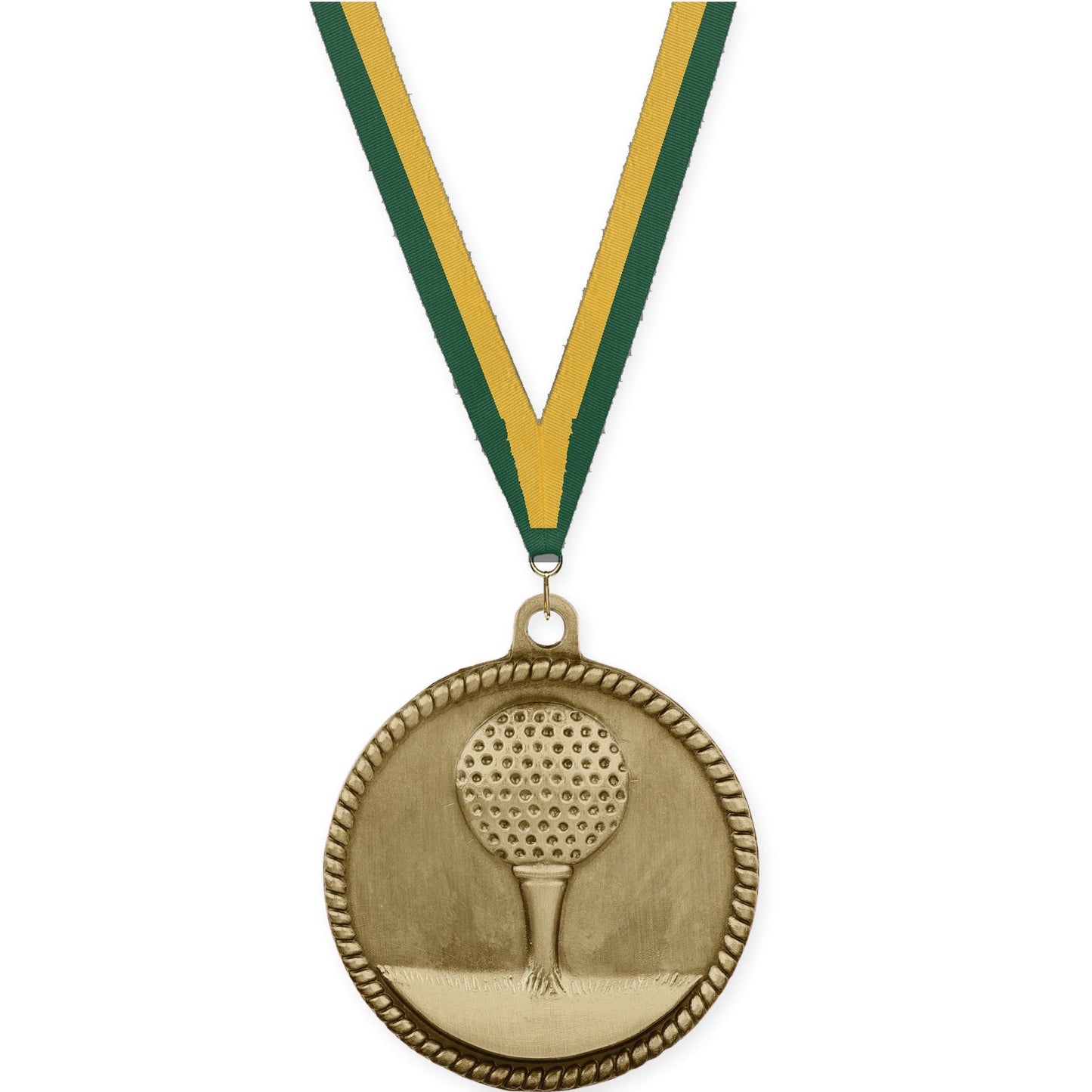 2 inch golf High Relief medal in antique gold with Hunter Green Gold neck ribbon