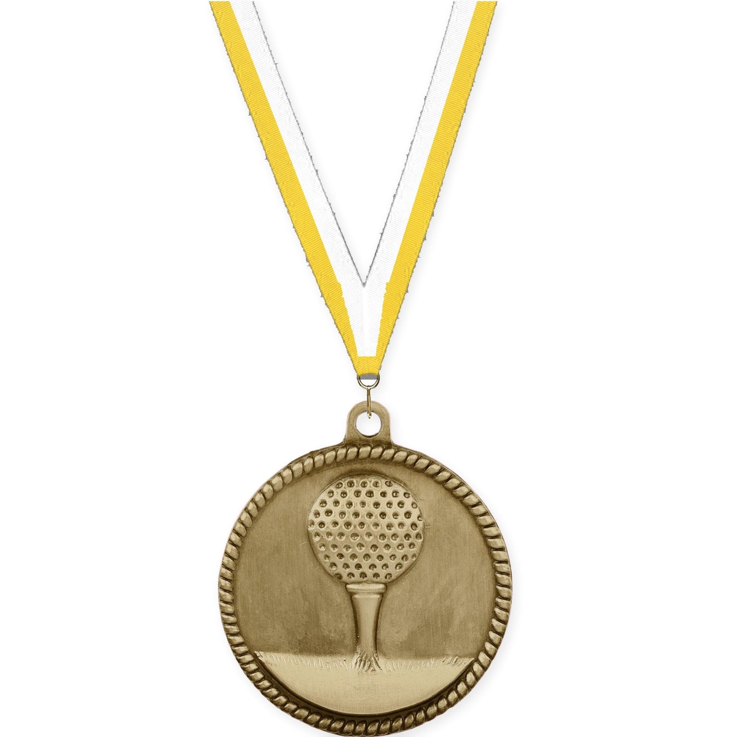 2 inch golf High Relief medal in antique gold with Yellow White neck ribbon