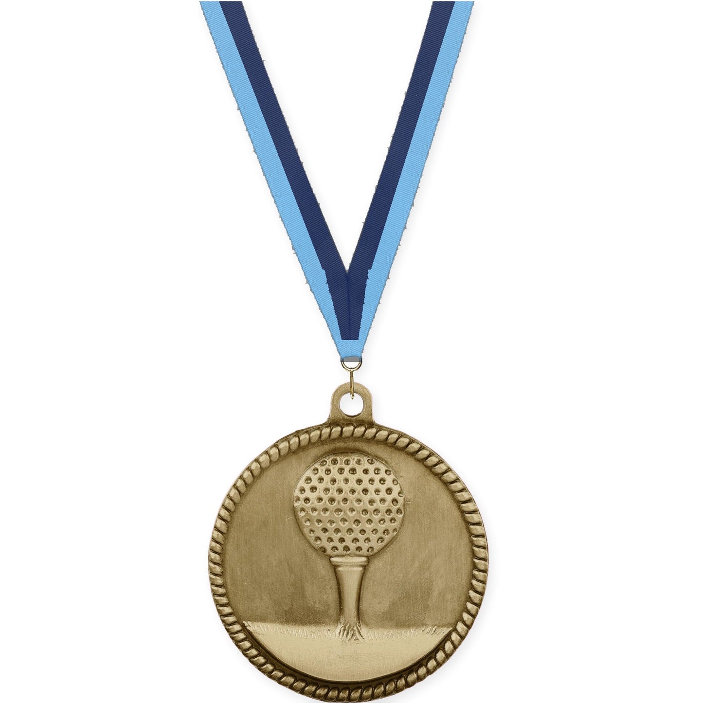 2 inch golf High Relief medal in antique gold with Light Blue Navy neck ribbon