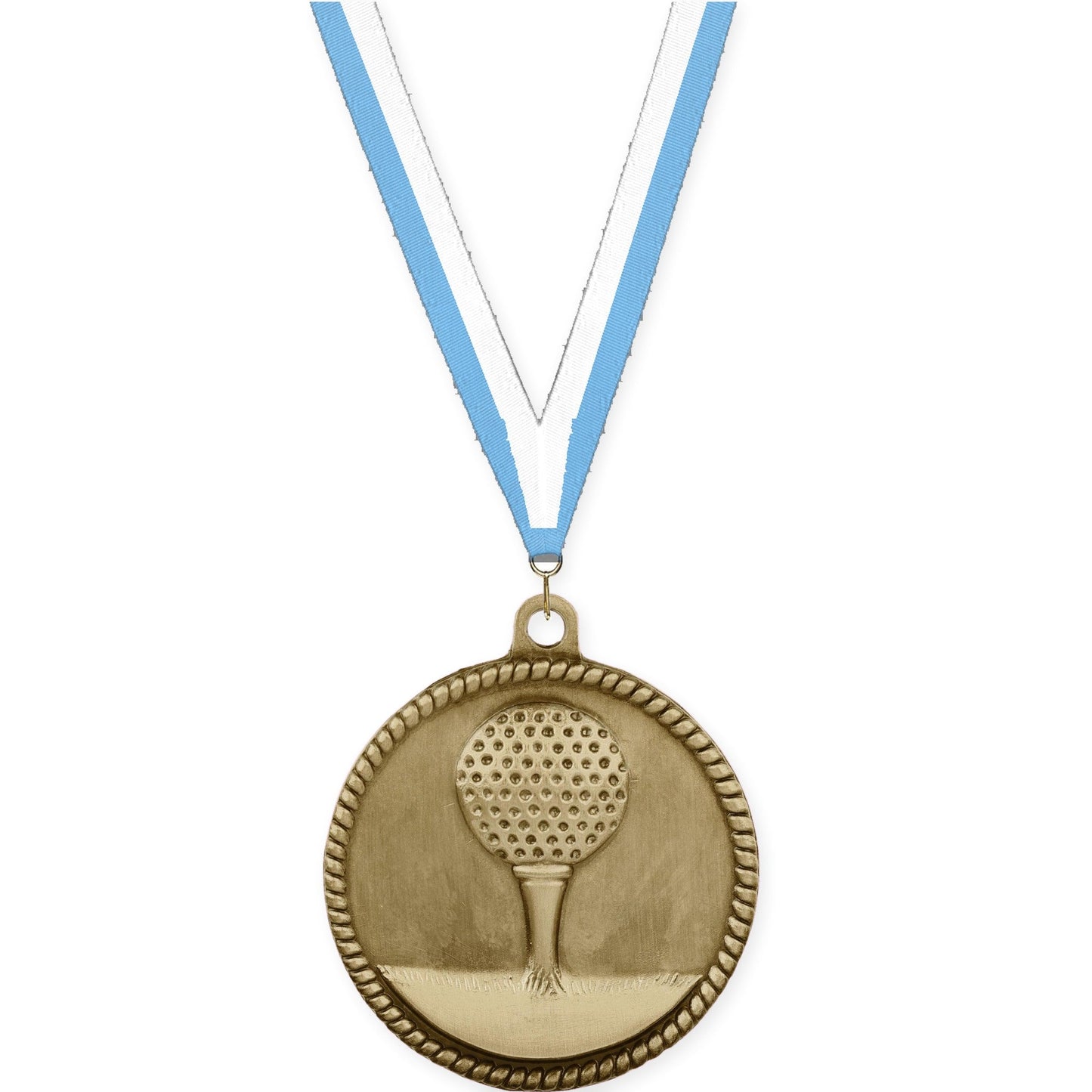 2 inch golf High Relief medal in antique gold with Light Blue White neck ribbon