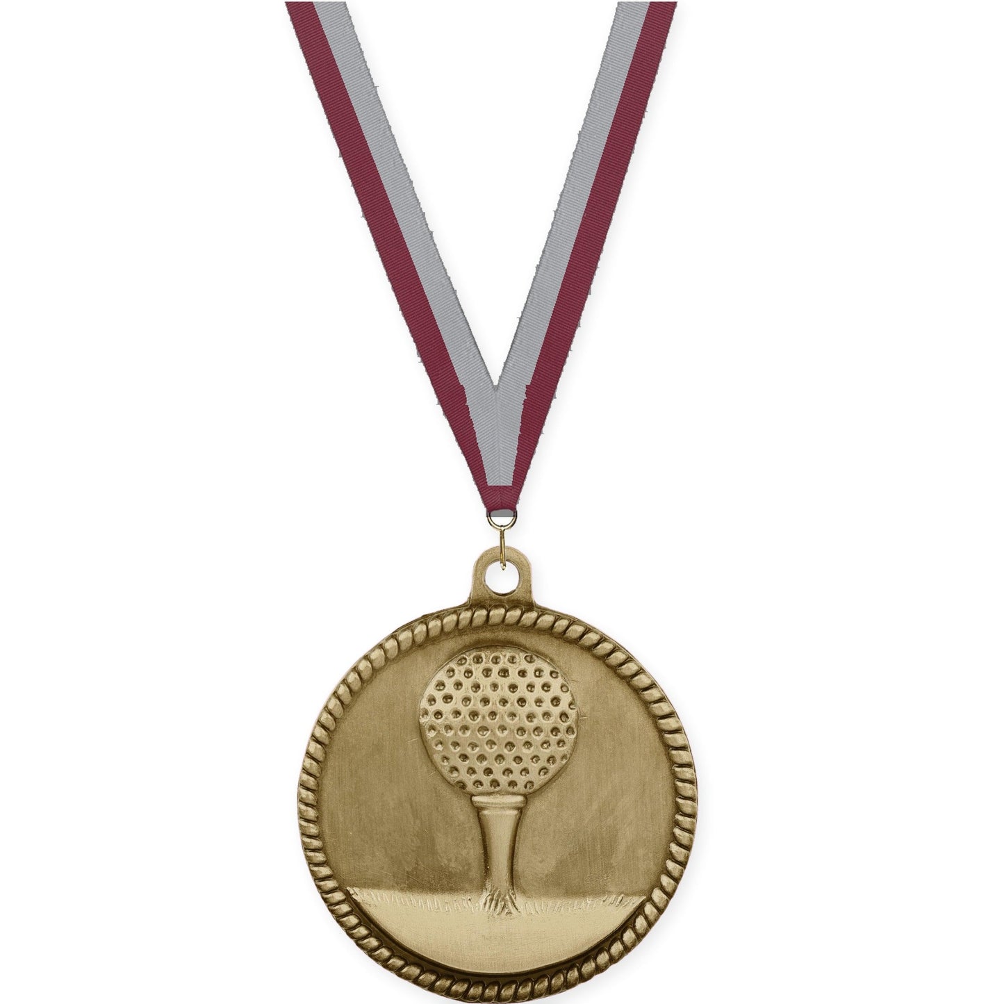 2 inch golf High Relief medal in antique gold with Maroon Gray neck ribbon