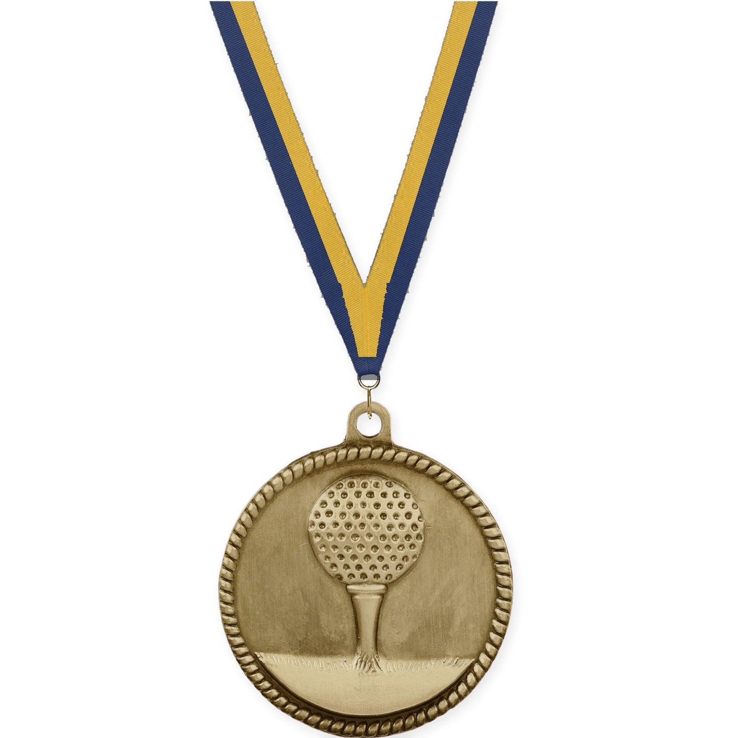 2 inch golf High Relief medal in antique gold with Navy Gold neck ribbon