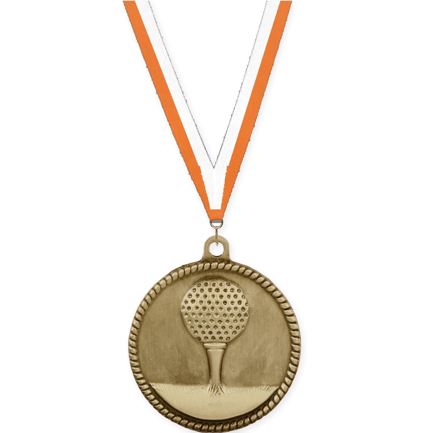 2 inch golf High Relief medal in antique gold with Orange White neck ribbon