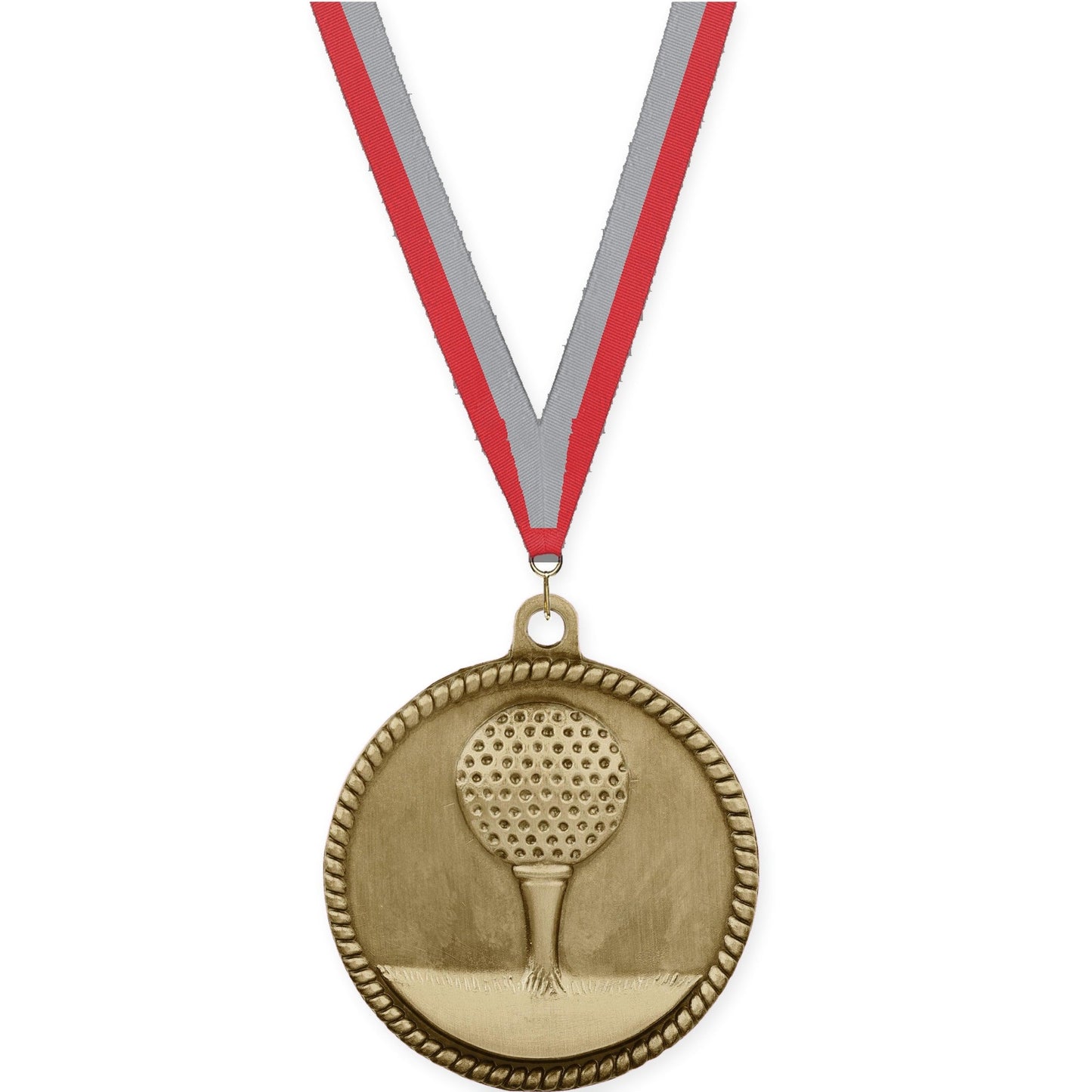 2 inch golf High Relief medal in antique gold with Red Gray neck ribbon