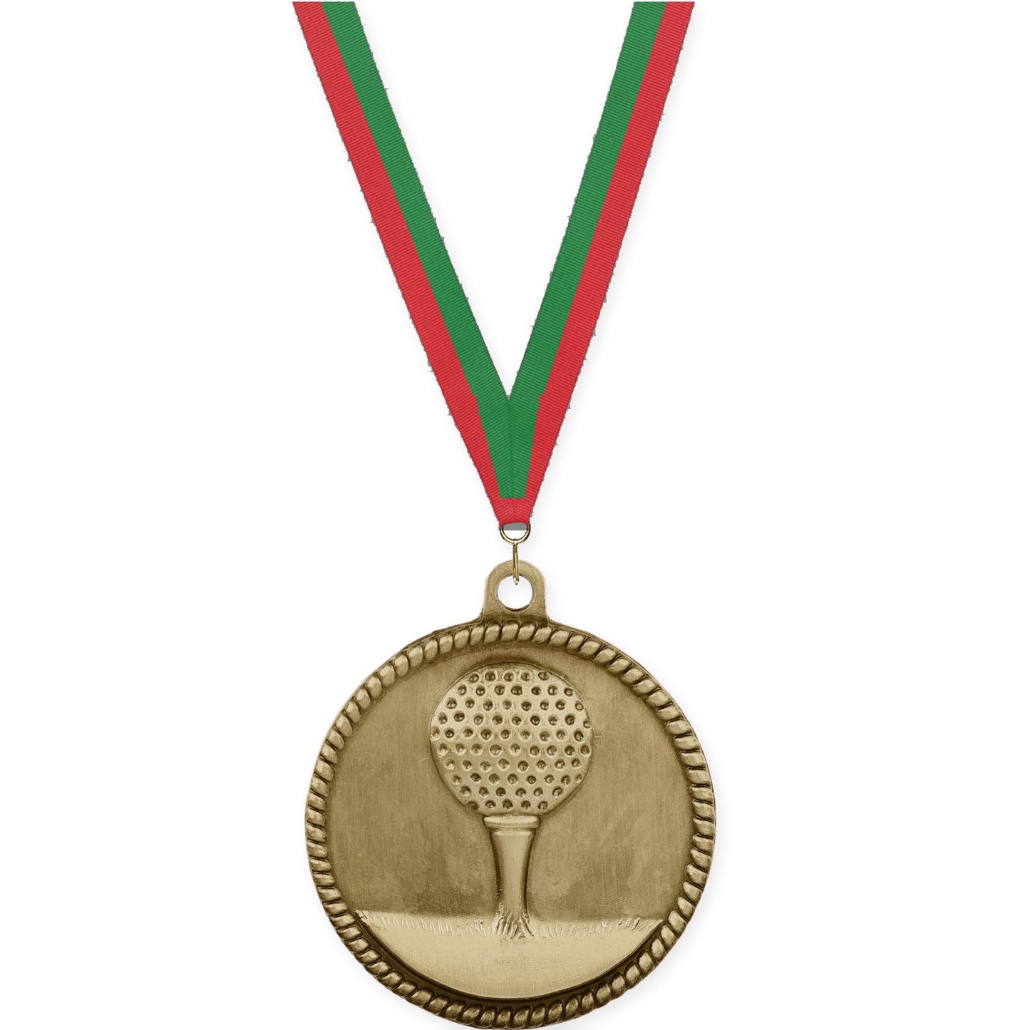 2 inch golf High Relief medal in antique gold with Red Green neck ribbon