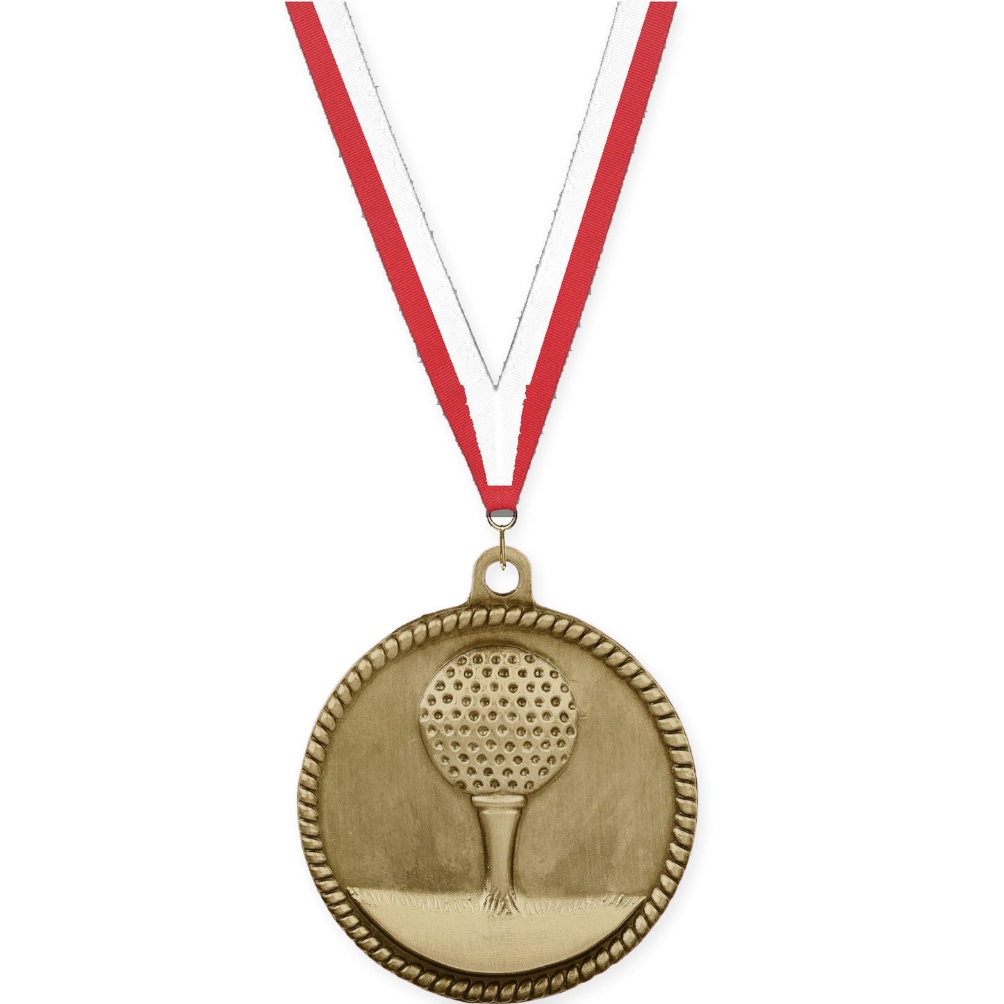 2 inch golf High Relief medal in antique gold with Red White neck ribbon