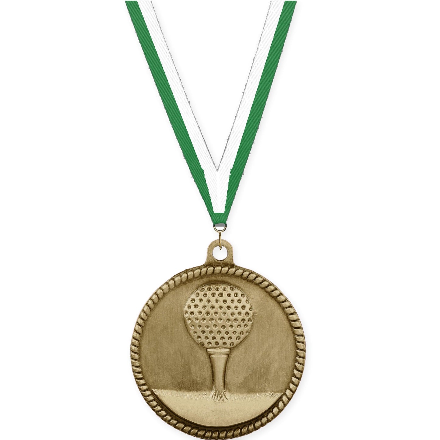 2 inch golf High Relief medal in antique gold with Green White neck ribbon