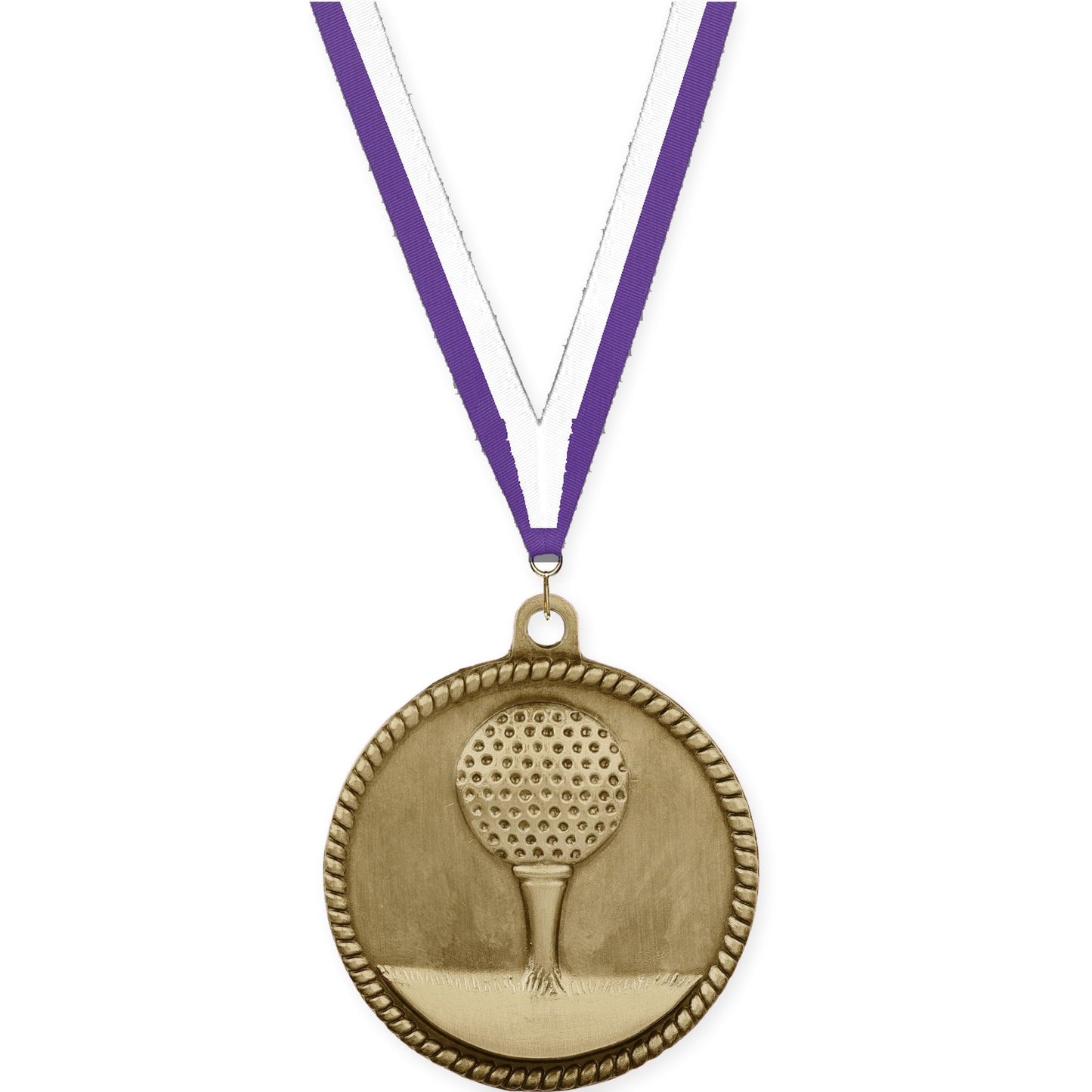 2 inch golf High Relief medal in antique gold with Purple White neck ribbon
