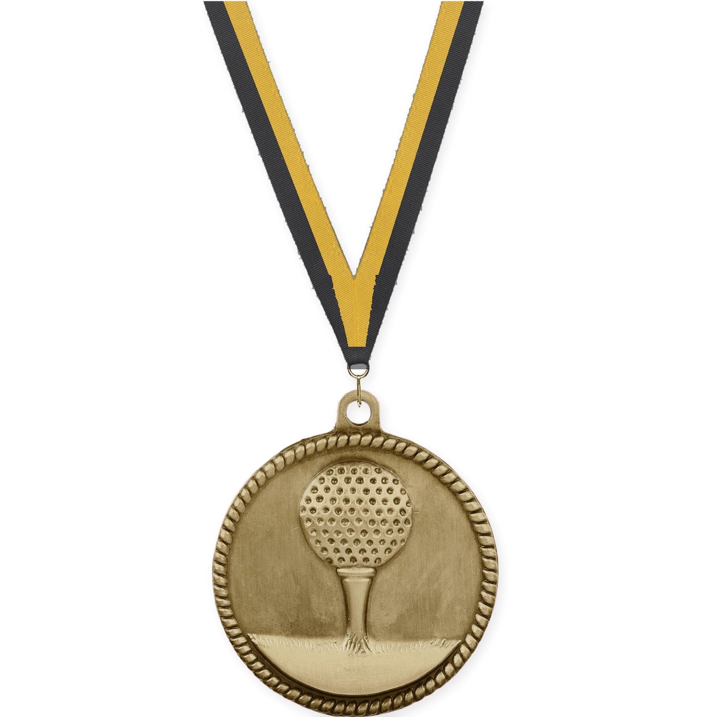 2 inch golf High Relief medal in antique gold with Black Gold neck ribbon