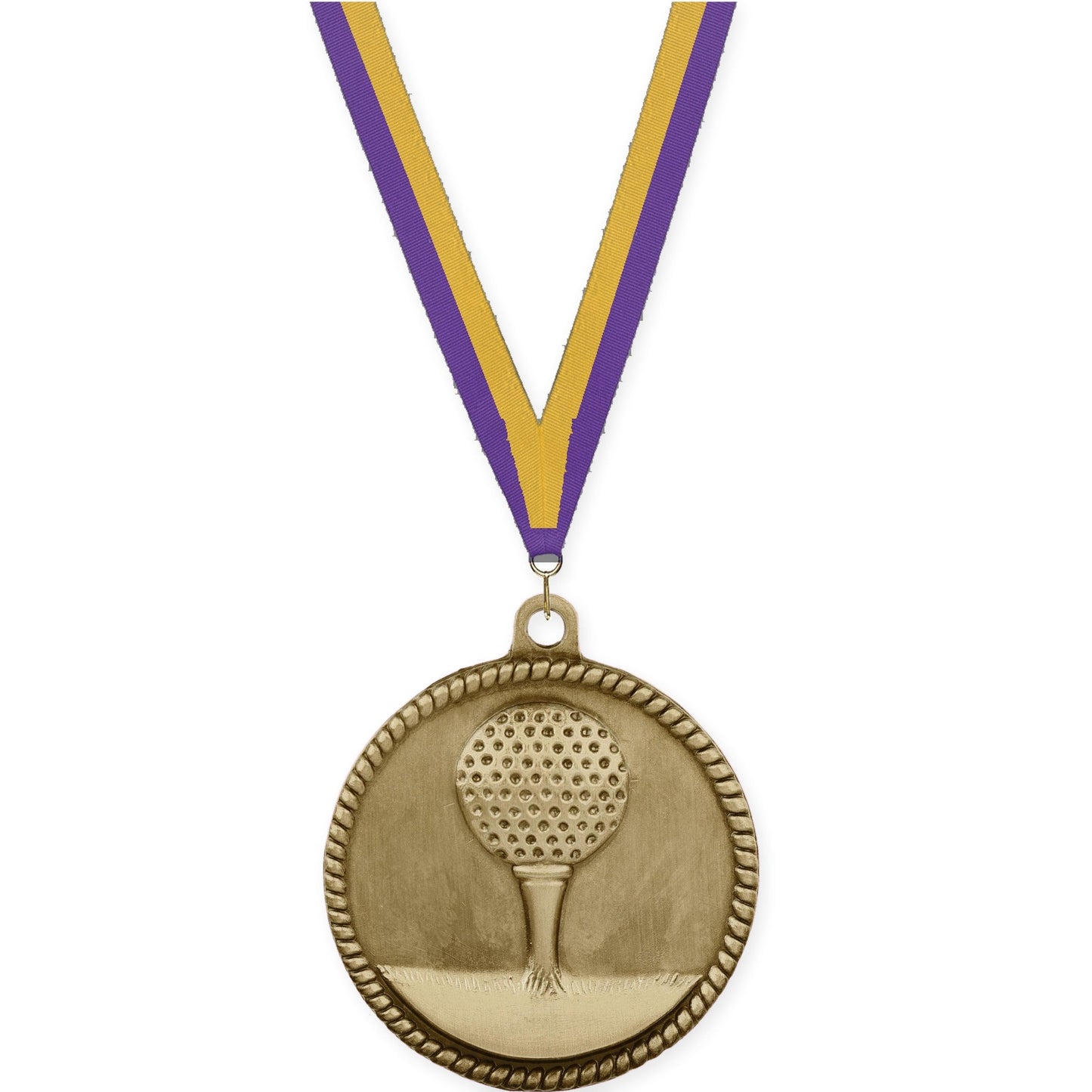 2 inch golf High Relief medal in antique gold with Purple Gold neck ribbon