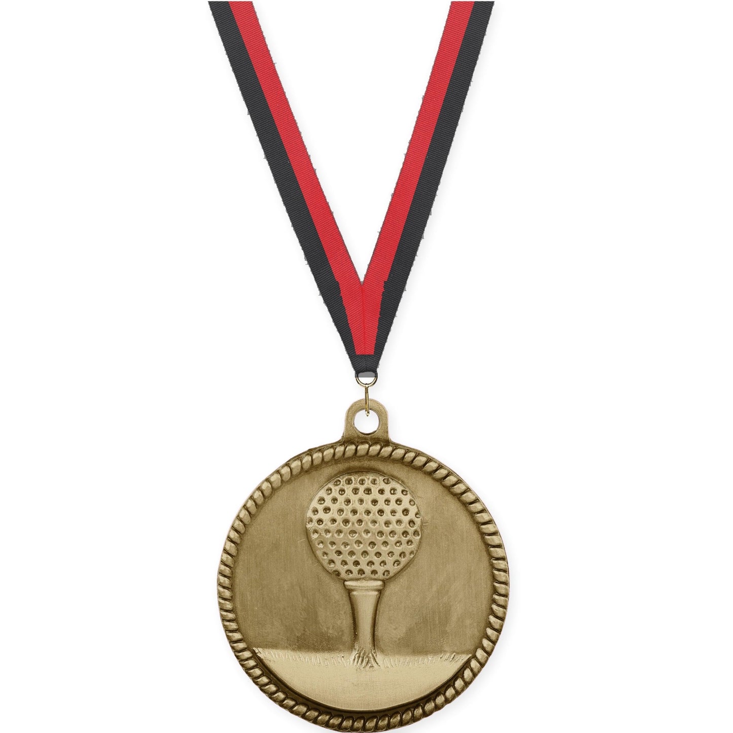 2 inch golf High Relief medal in antique gold with Black Red neck ribbon