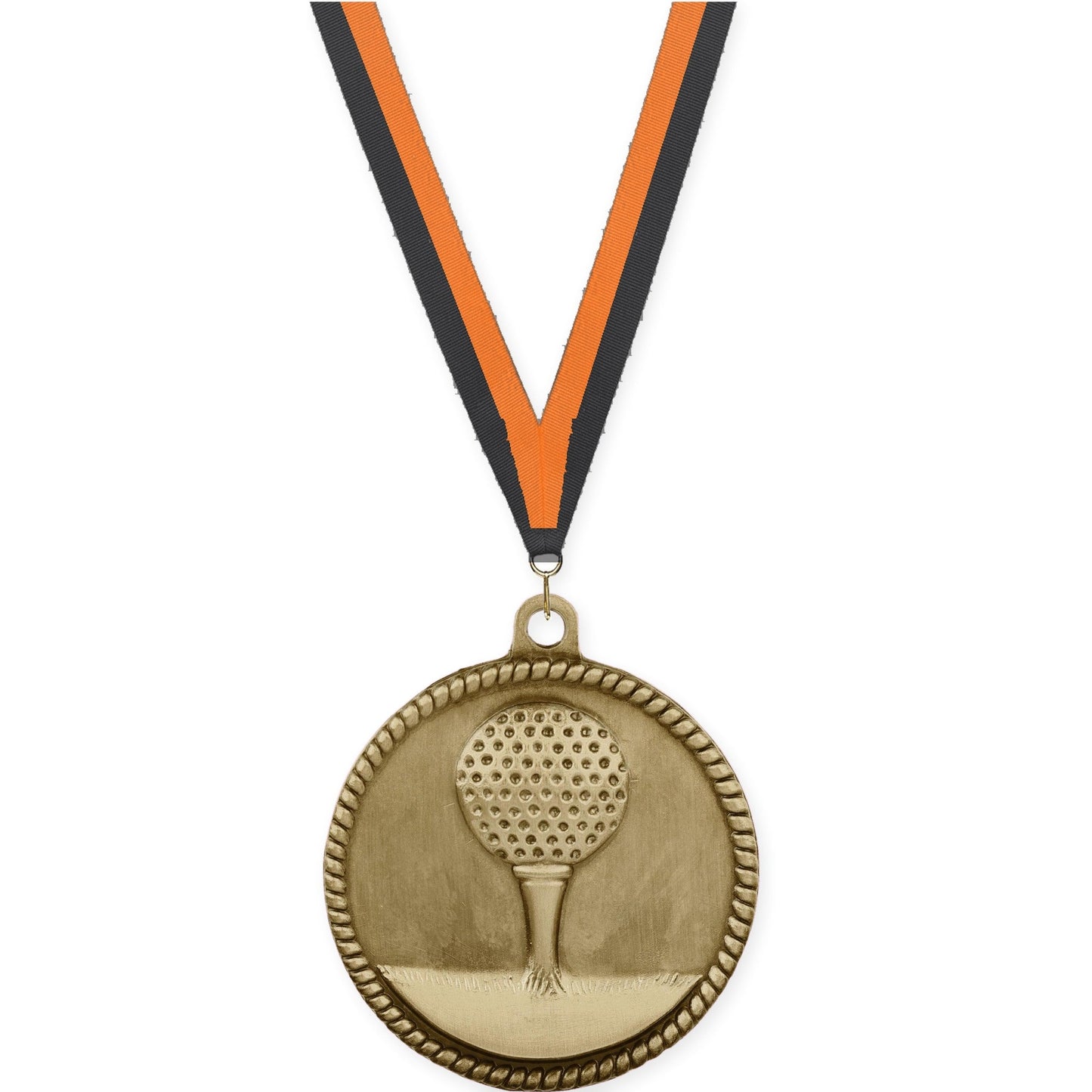 2 inch golf High Relief medal in antique gold with Black Orange neck ribbon