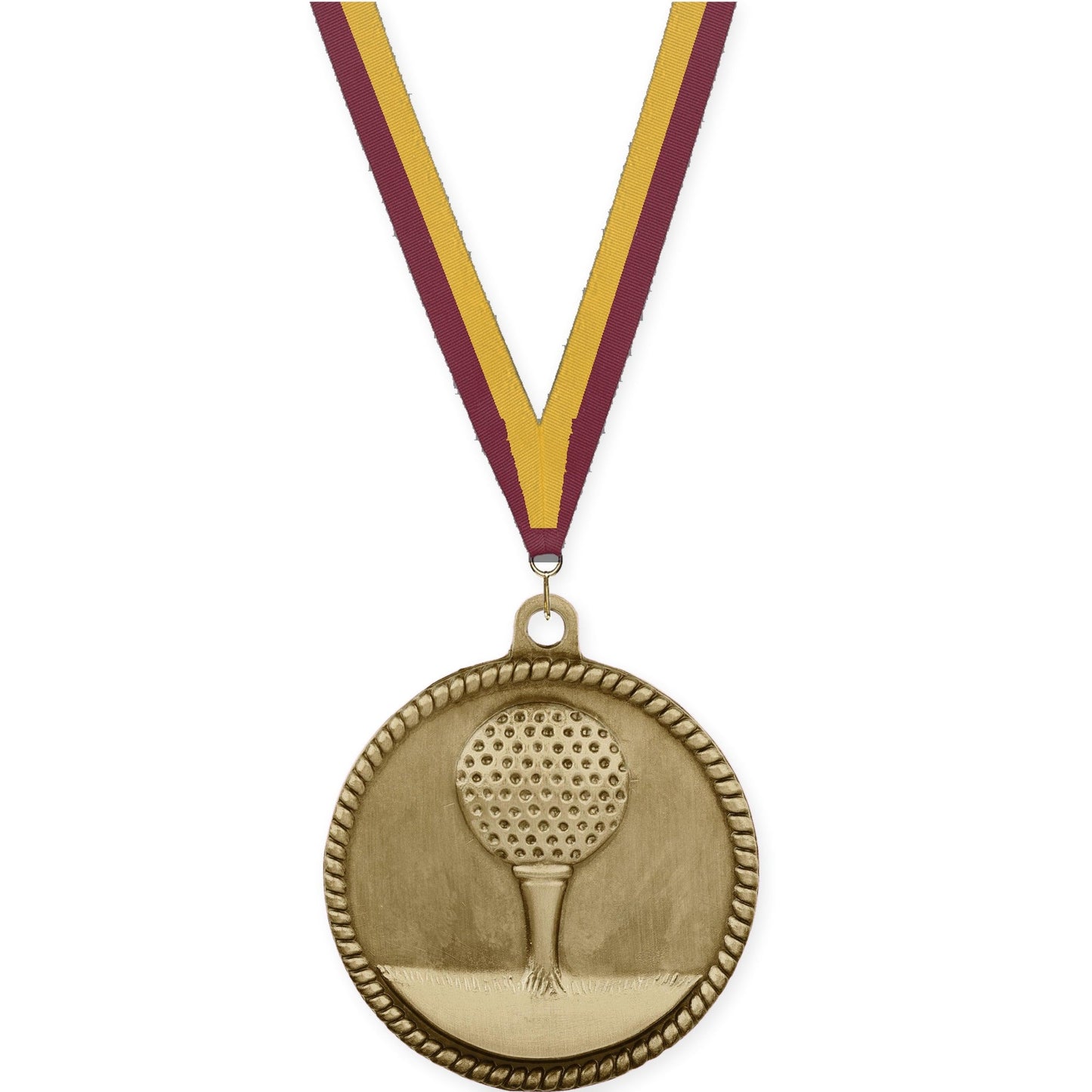 2 inch golf High Relief medal in antique gold with Maroon Gold neck ribbon