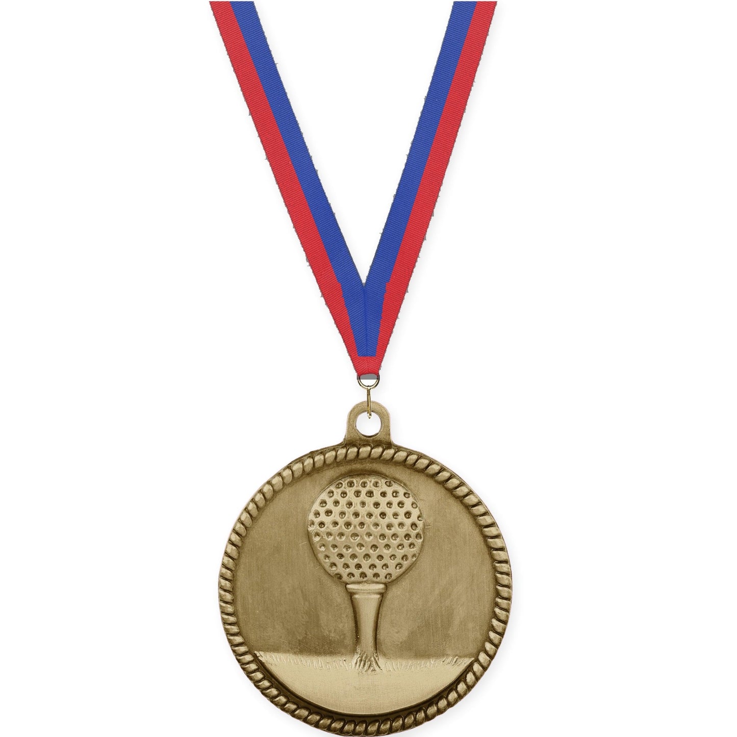 2 inch golf High Relief medal in antique gold with Blue Red neck ribbon