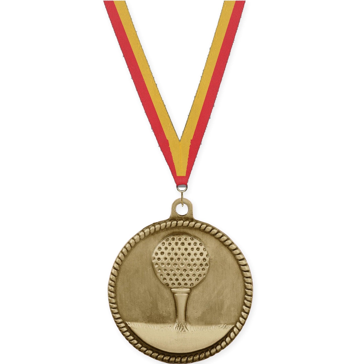 2 inch golf High Relief medal in antique gold with Red Gold neck ribbon