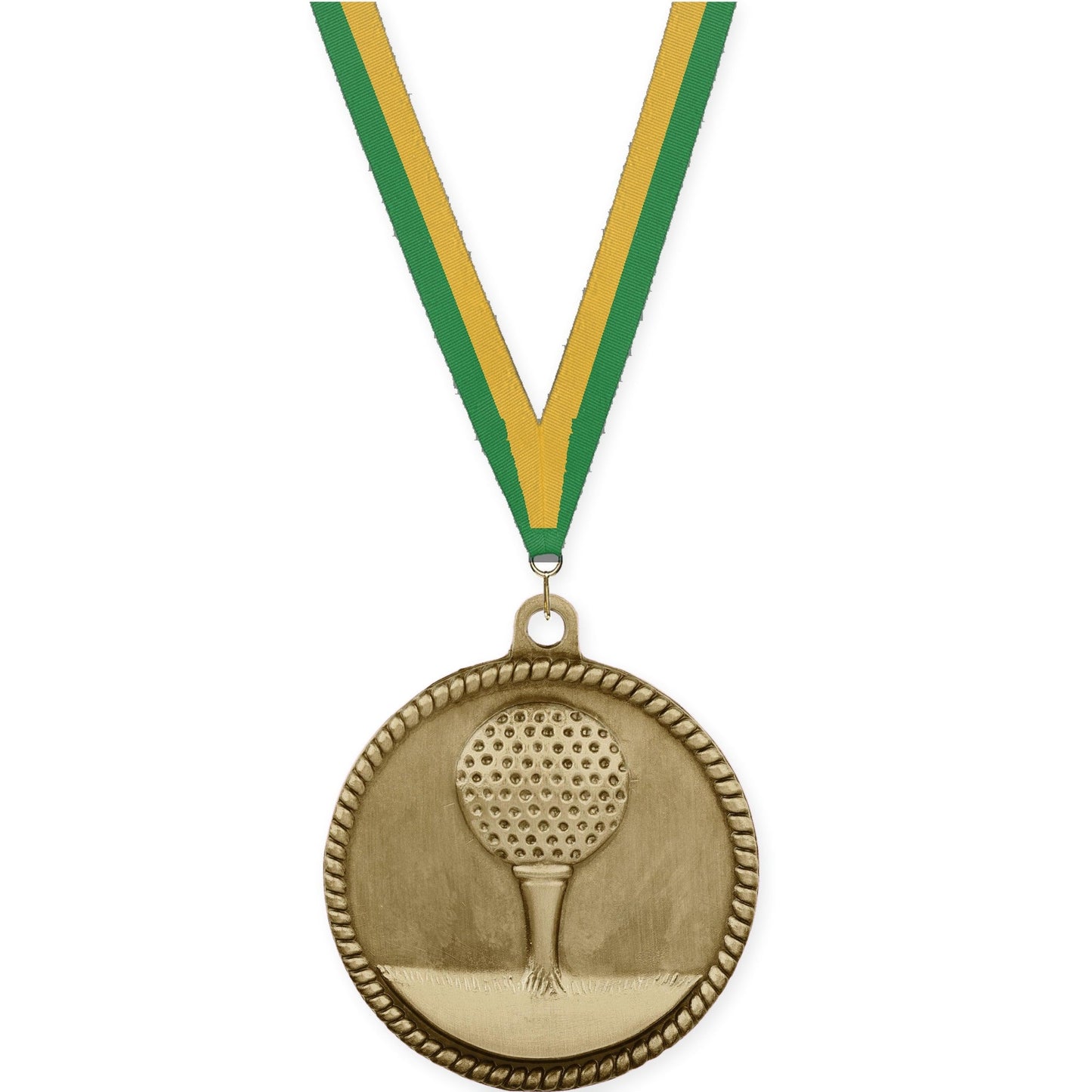 2 inch golf High Relief medal in antique gold with Green Gold neck ribbon