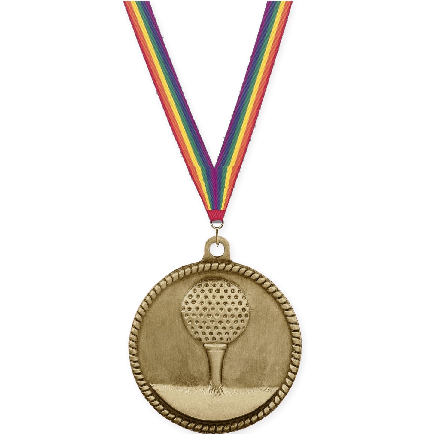 2 inch golf High Relief medal in antique gold with Rainbow neck ribbon