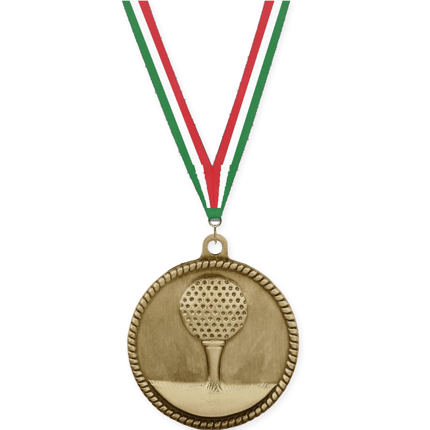 2 inch golf High Relief medal in antique gold with Green White Red neck ribbon