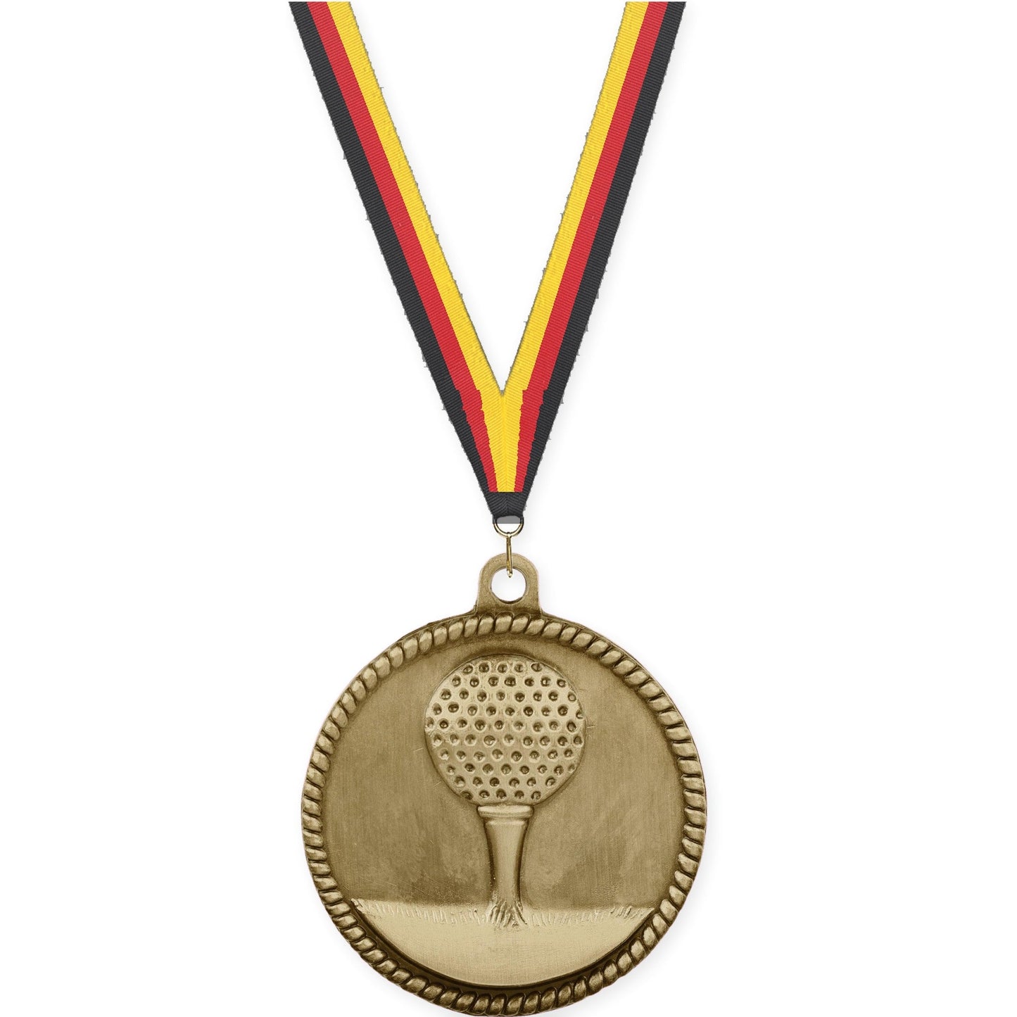 2 inch golf High Relief medal in antique gold with Black Red Yellow neck ribbon