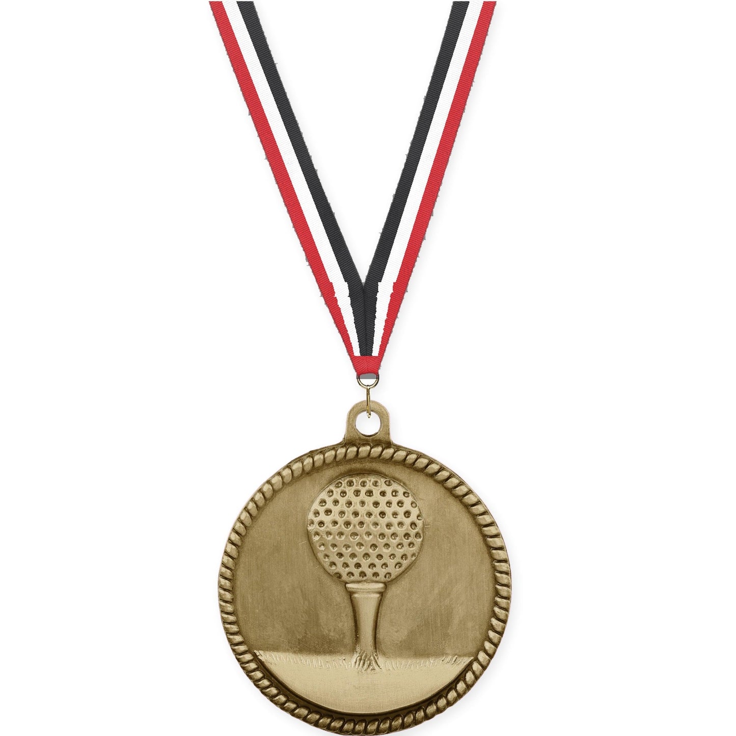 2 inch golf High Relief medal in antique gold with Red White Black neck ribbon