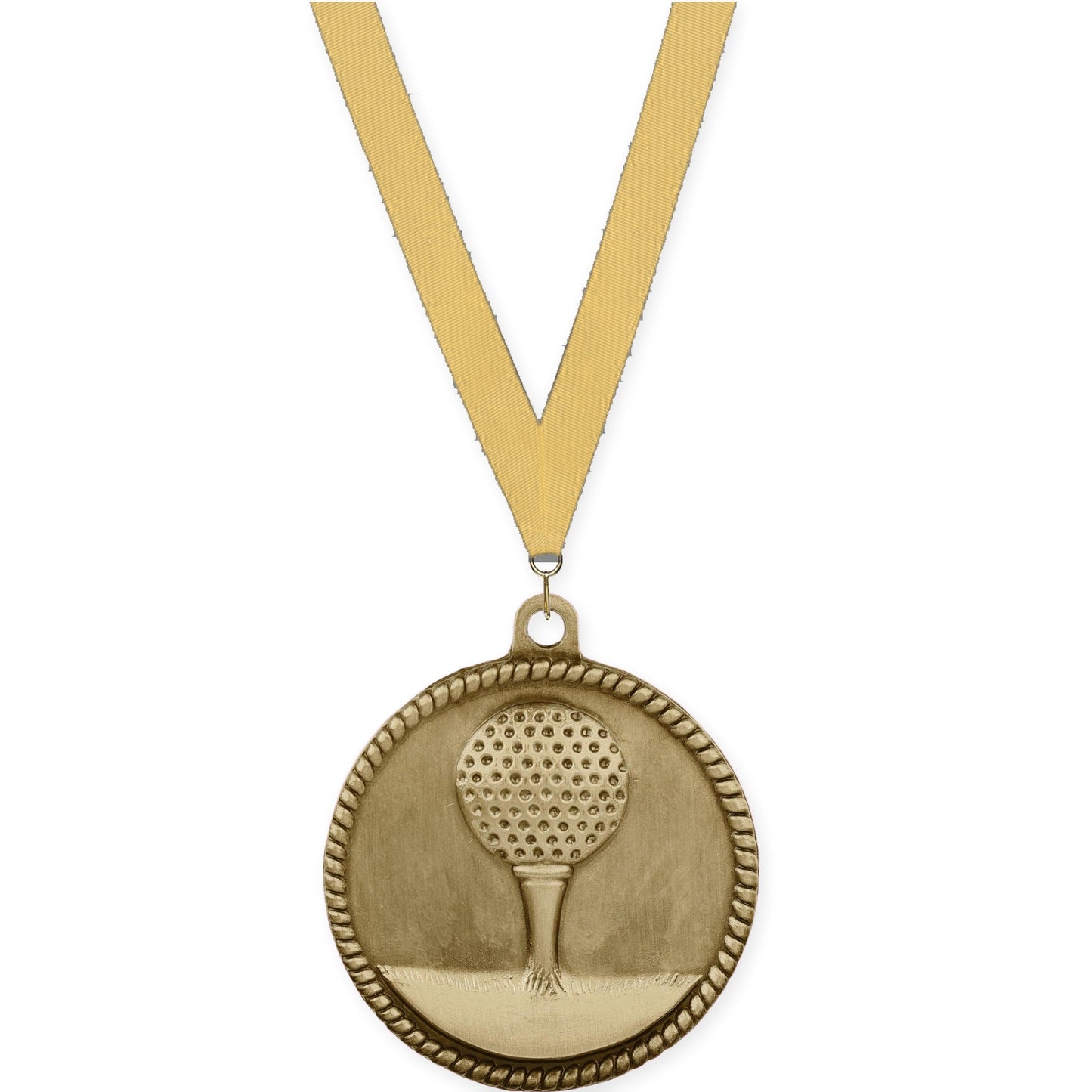 2 inch golf High Relief medal in antique gold with Gold Metallic neck ribbon