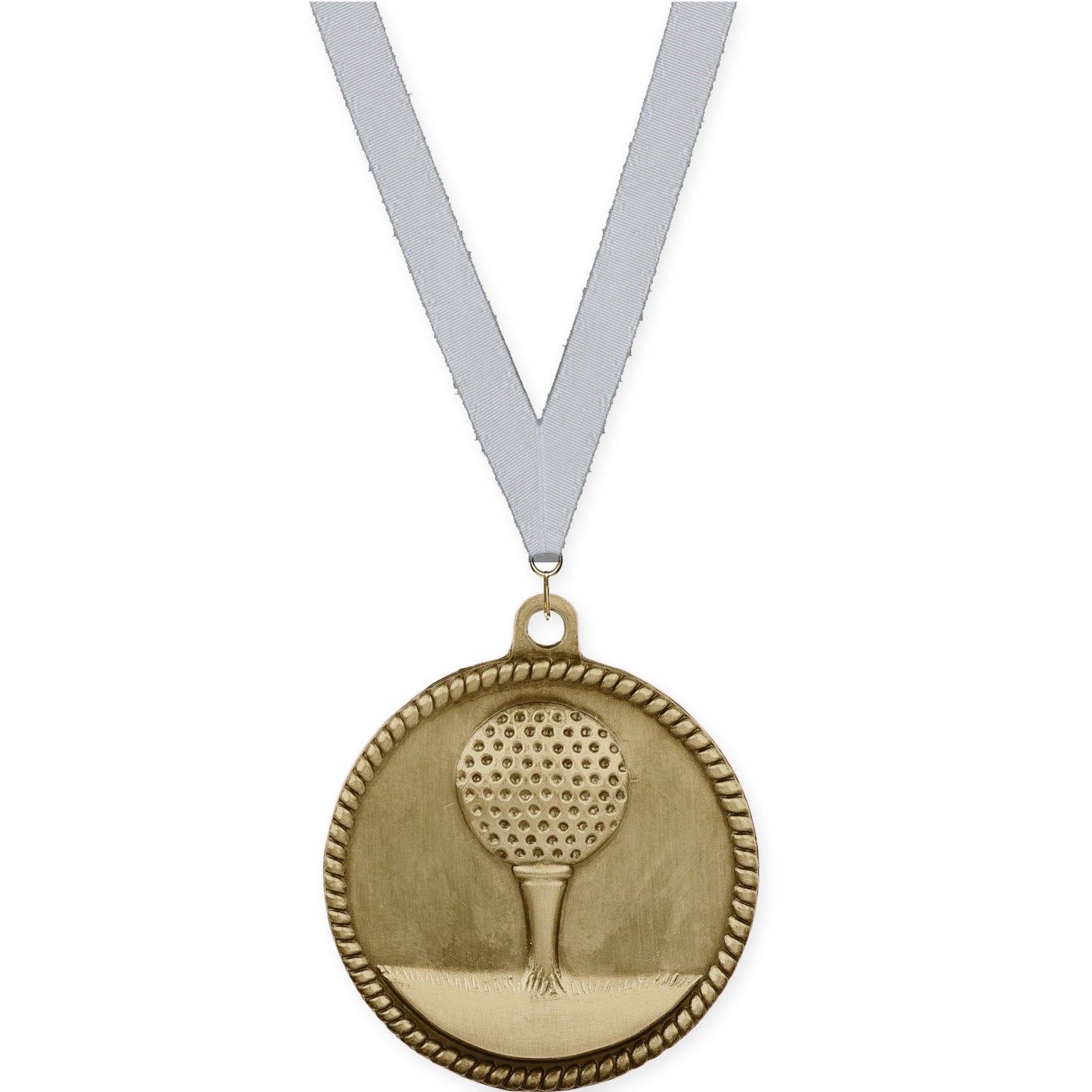 2 inch golf High Relief medal in antique gold with Silver Metallic neck ribbon