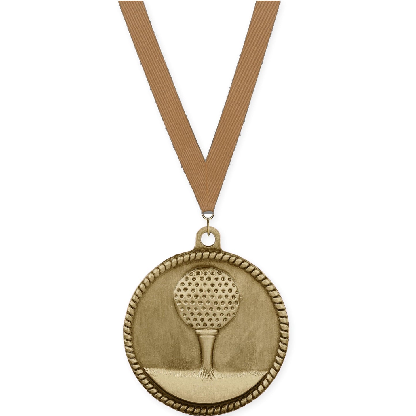 2 inch golf High Relief medal in antique gold with Bronze Metallic neck ribbon