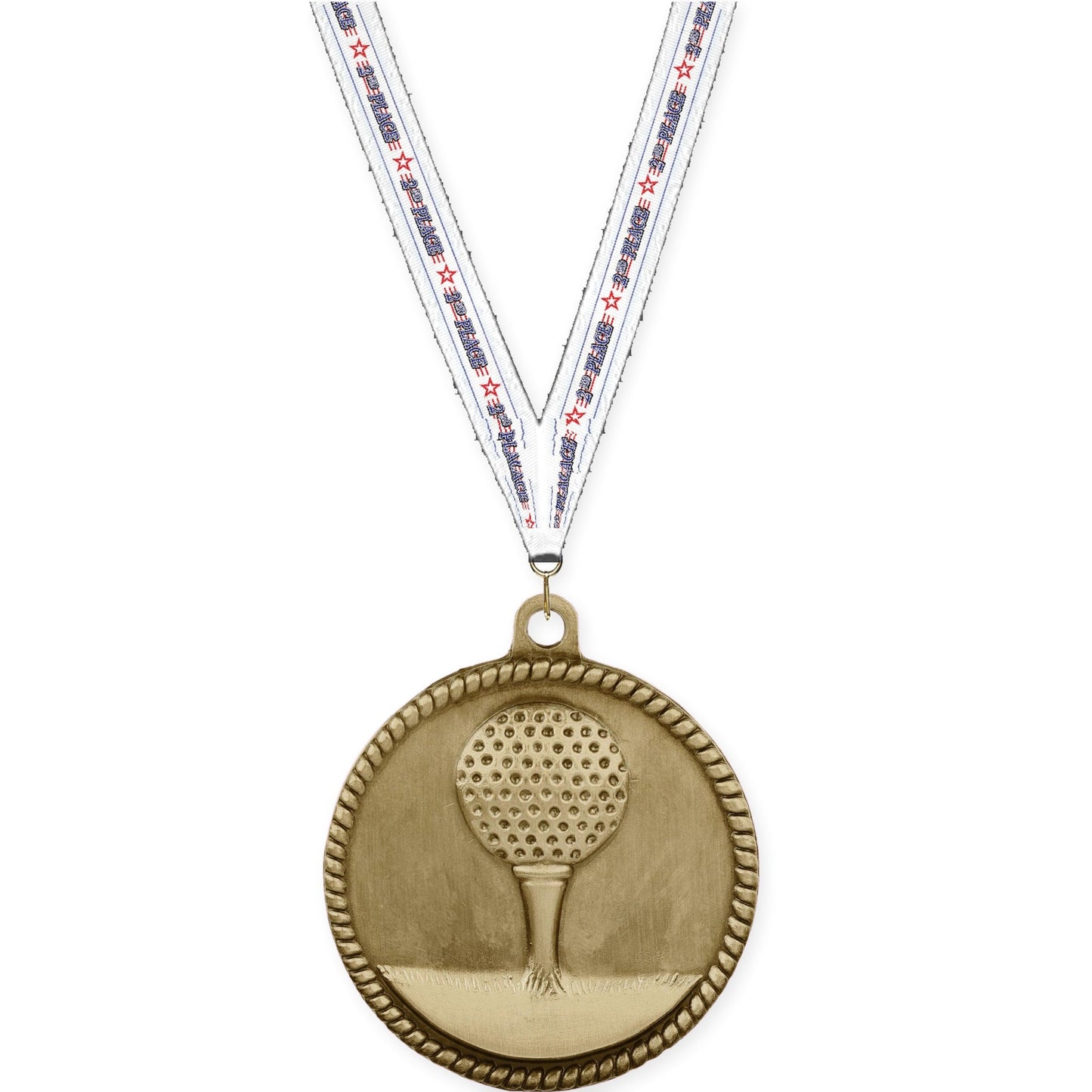2 inch golf High Relief medal in antique gold with 2nd Place neck ribbon