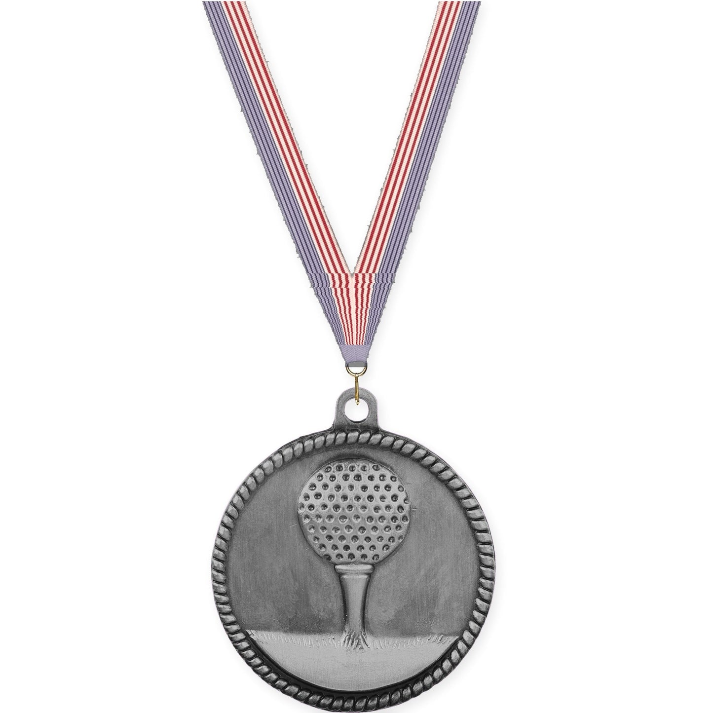 2 inch golf High Relief medal in antique silver with USA Flag neck ribbon