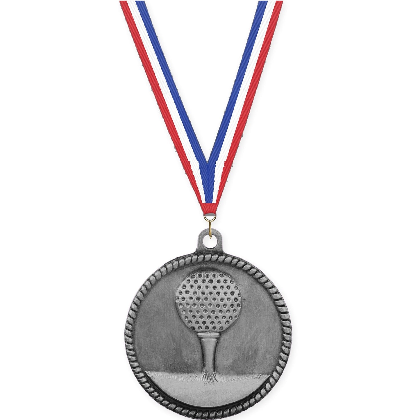 2 inch golf High Relief medal in antique silver with Red White Blue neck ribbon